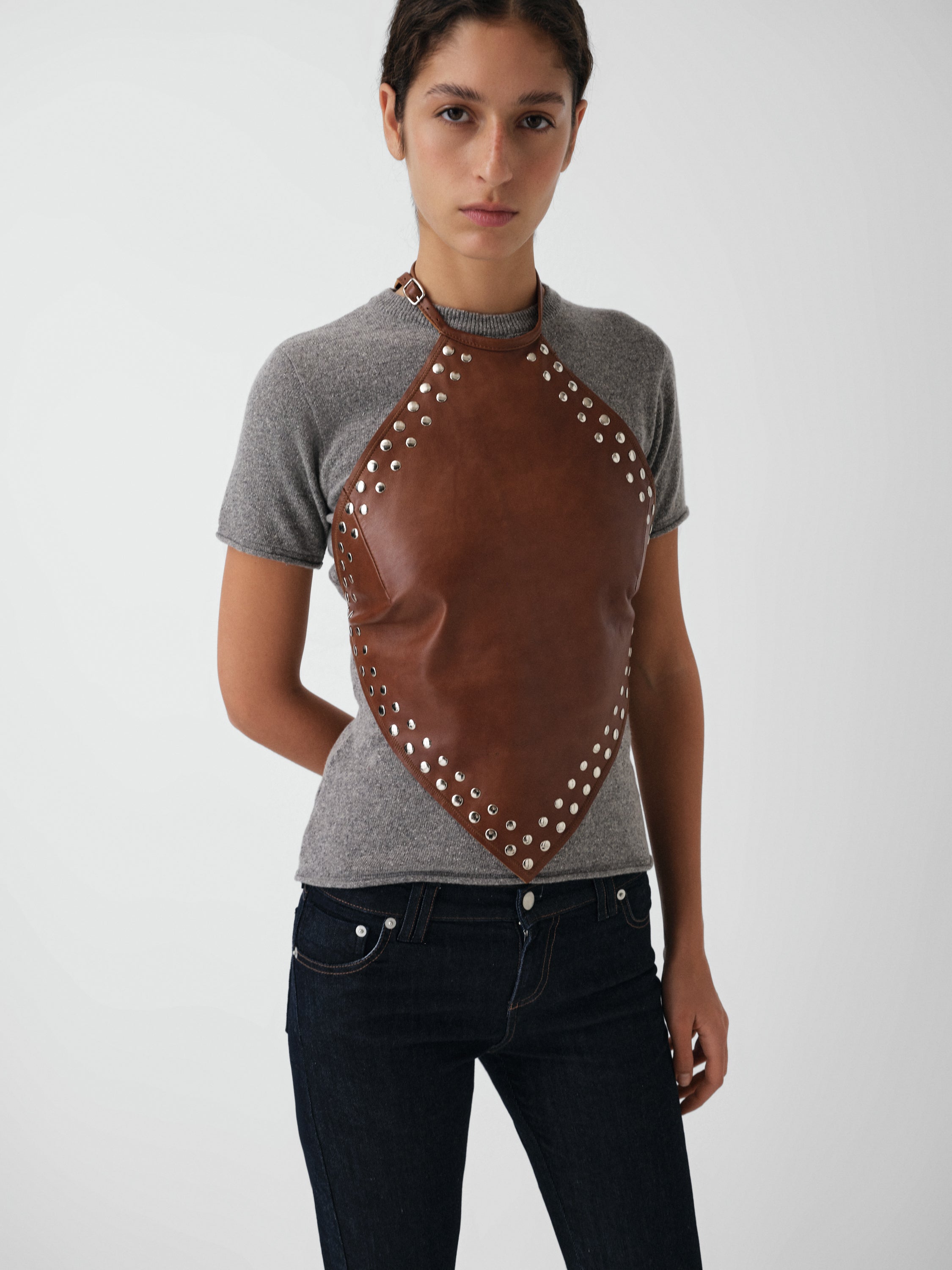 Grey fitted knit t-shirt for women with crew neckline - Gimaguas