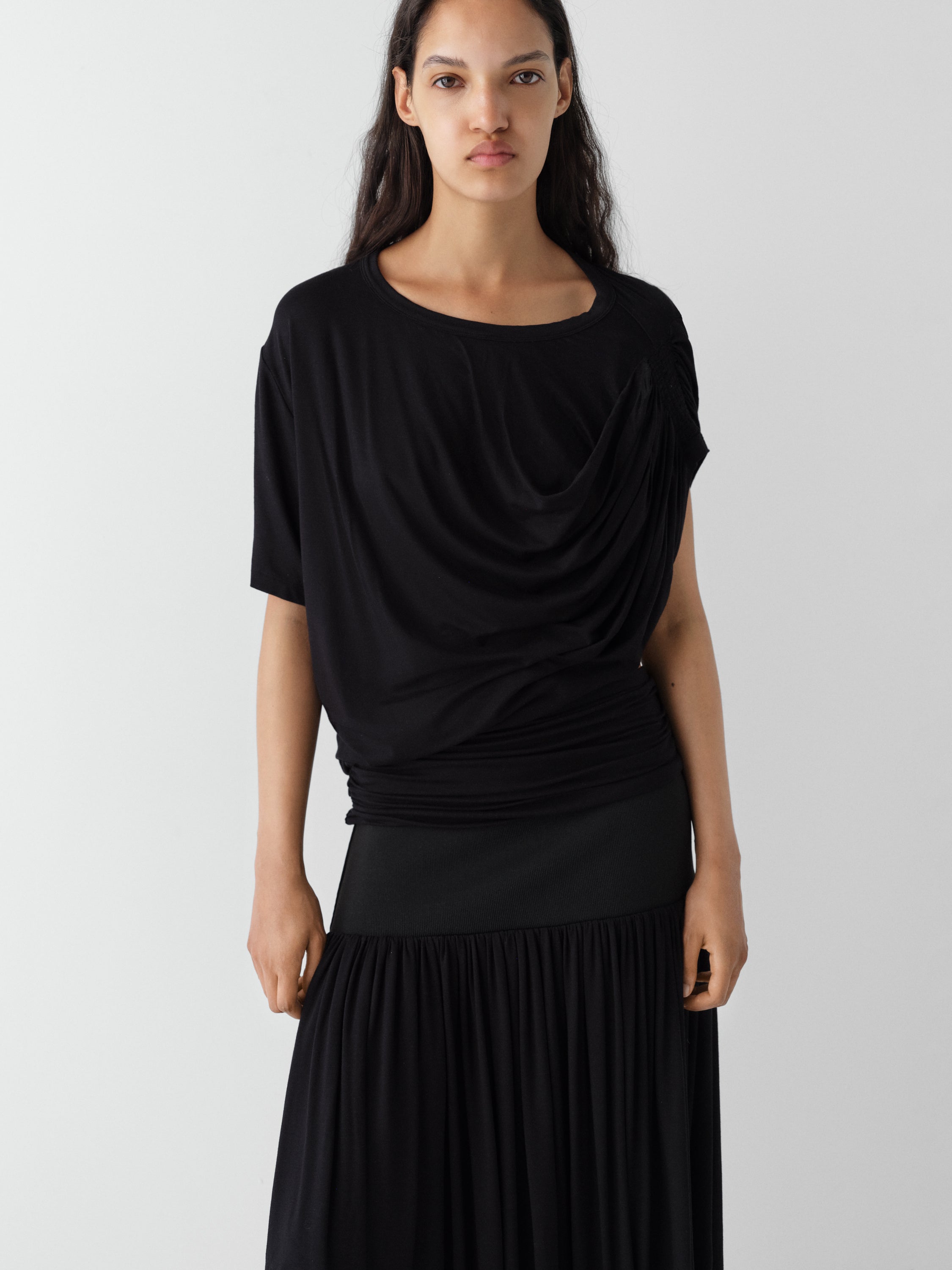 Black Asymmetrical Top with Ruched Shoulder for Women – Gimaguas