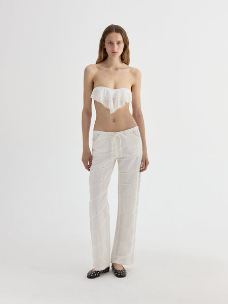 Women's White Linen Trousers Lace Trim
