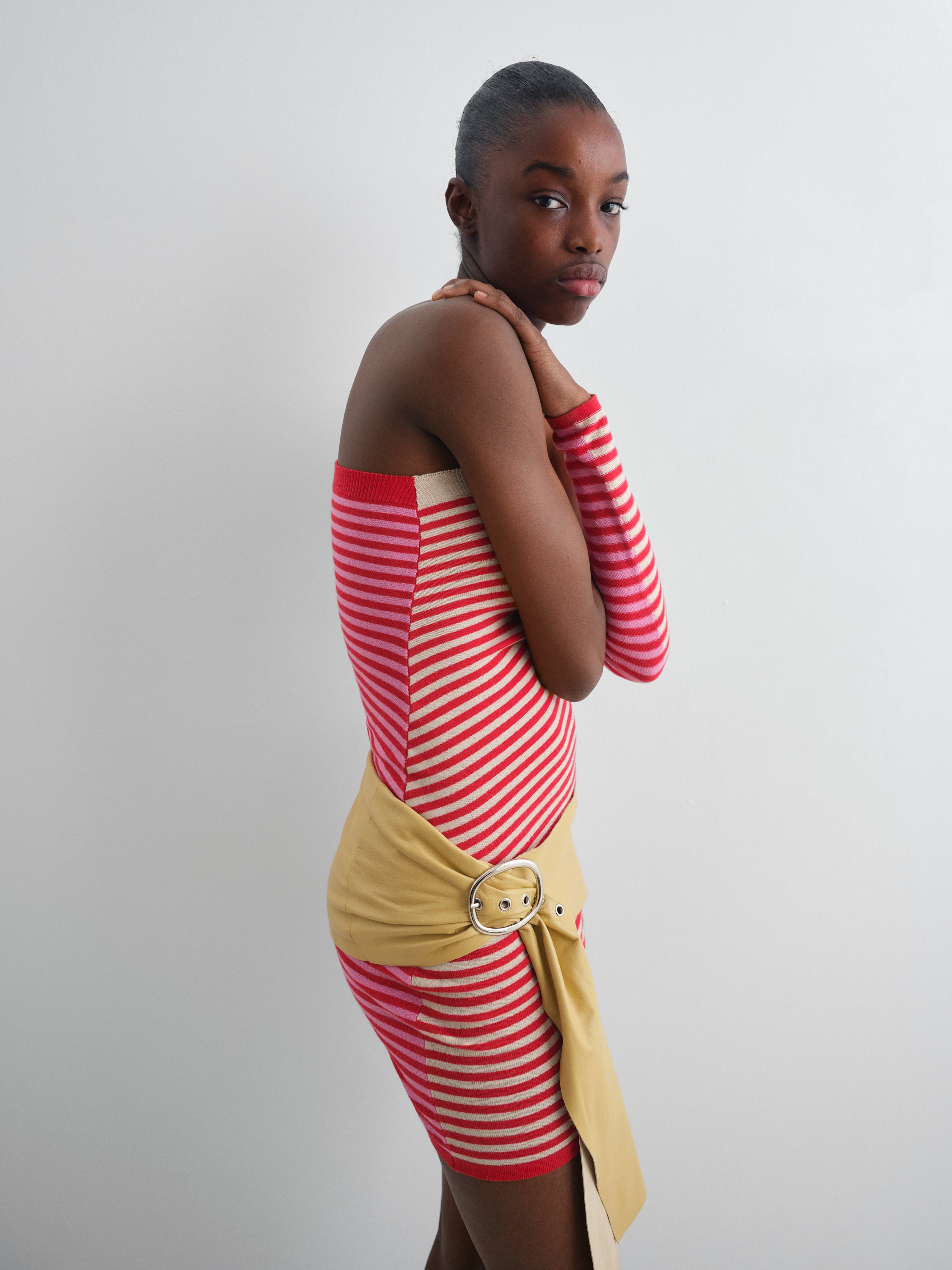 Striped knit mini skirt for women in beige, red and pink – Gimaguas