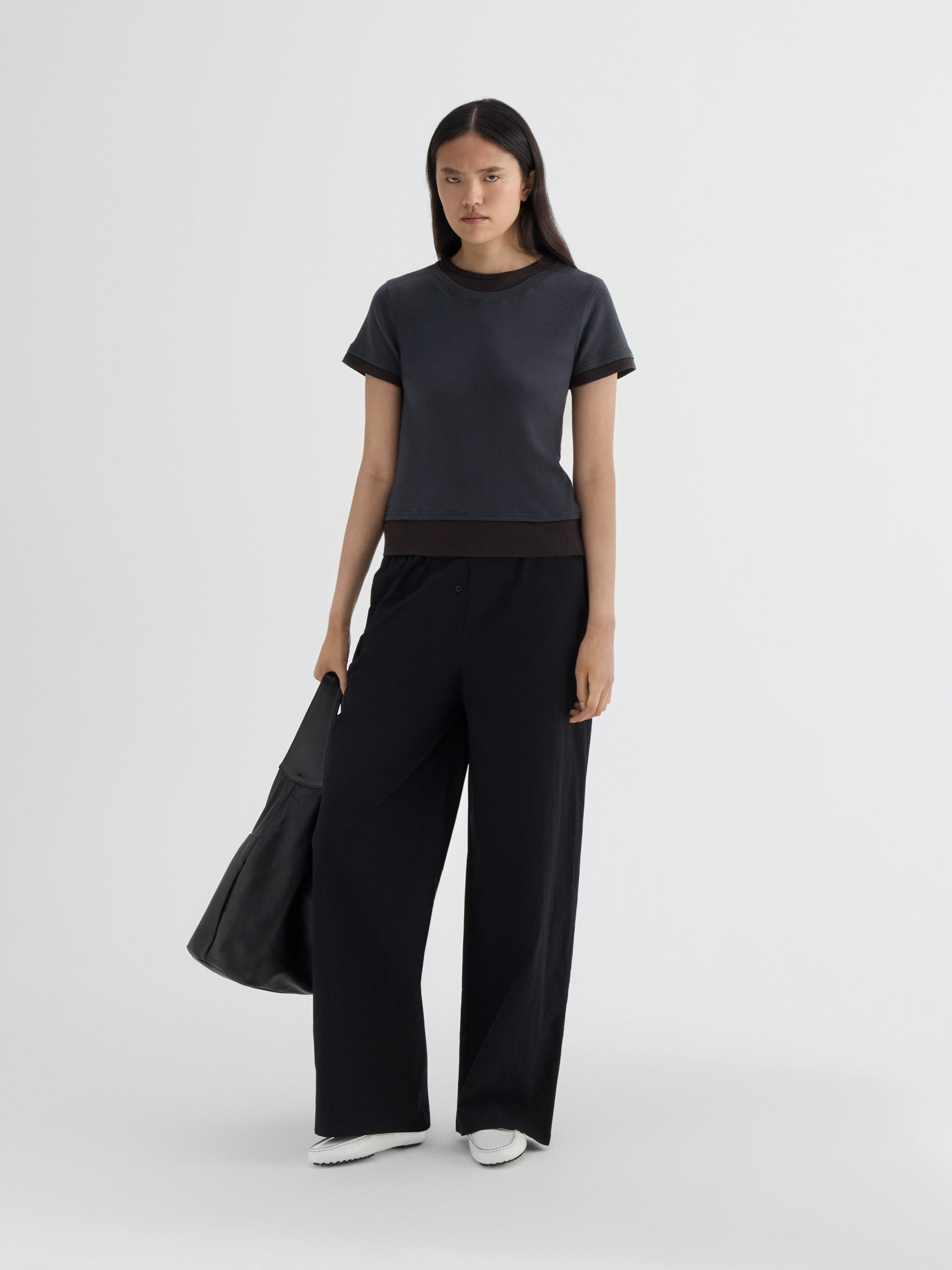 Dark grey double-layer t-shirt for women with black contrast