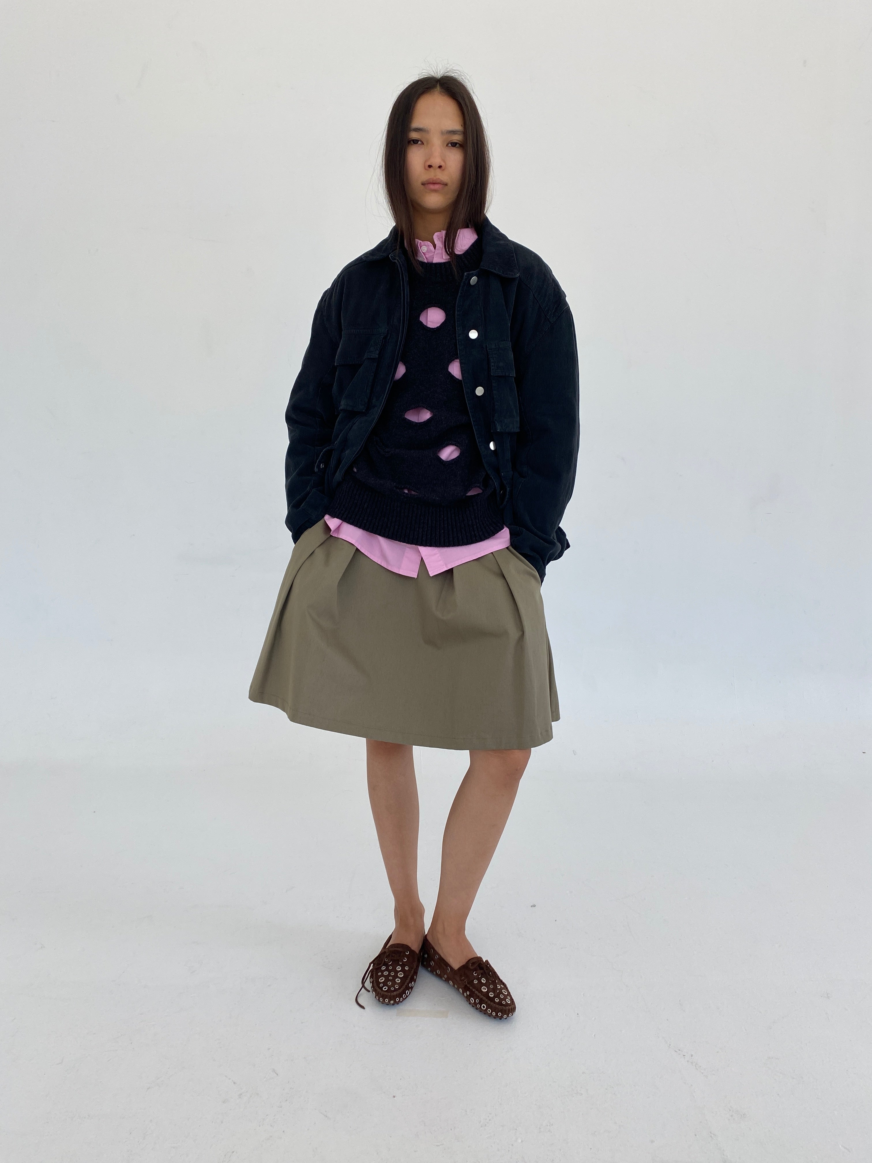 Light khaki A-line midi skirt with silver belt detail - Gimaguas