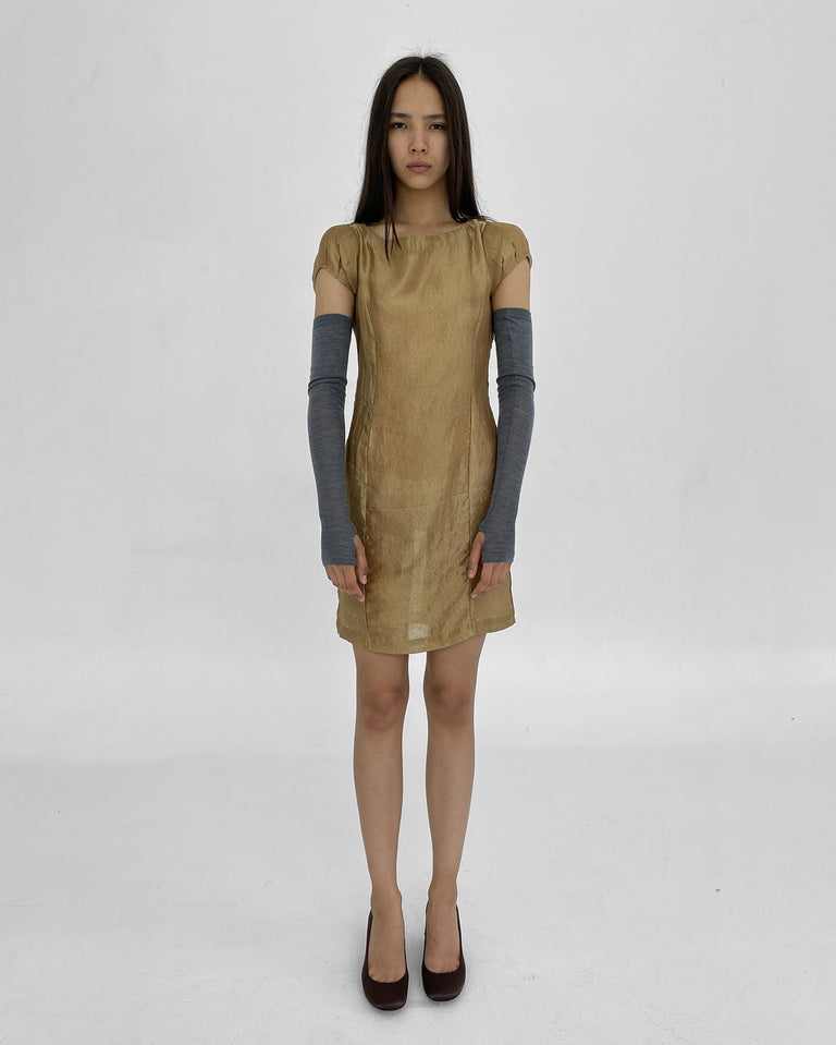 Gold crinkled mini dress for women with puff sleeves Gimaguas Gold crinkled mini dress for women with puff sleeves Gimaguas