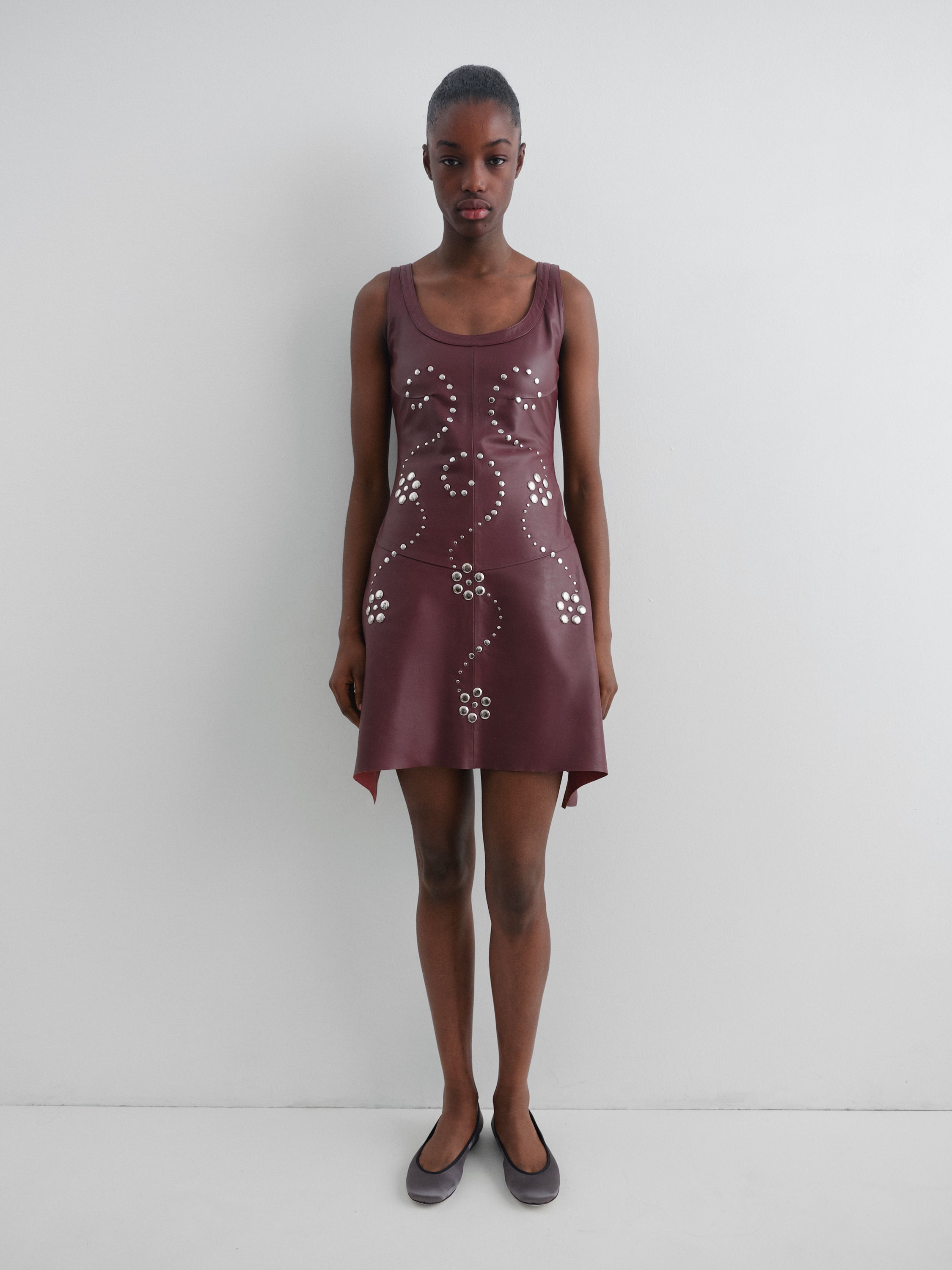 Women's red lamb leather mini dress with silver studs – Gimaguas