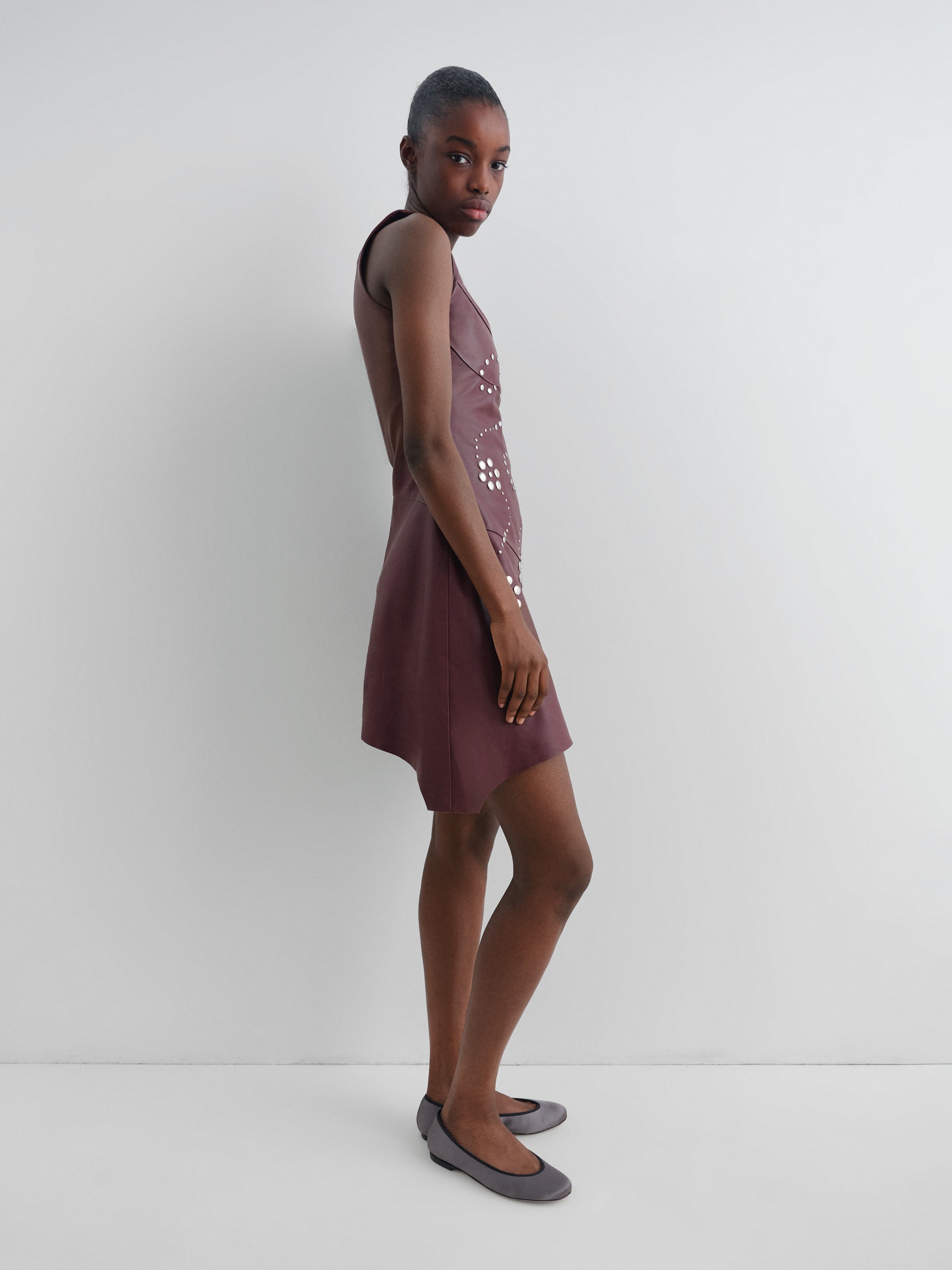 Women's red lamb leather mini dress with silver studs – Gimaguas