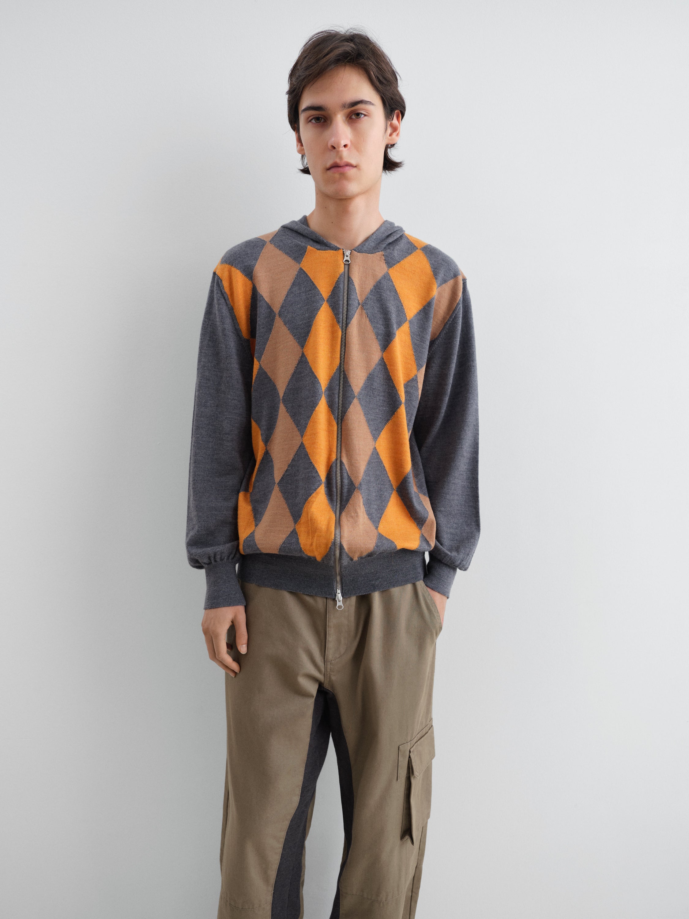 Unisex grey and orange hooded zip-up knit jacket – Gimaguas