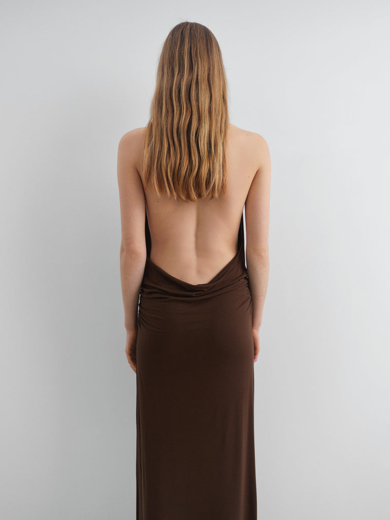 Dark chocolate halter maxi dress with draped neckline Gimaguas Dark chocolate halter maxi dress with draped neckline Gimaguas