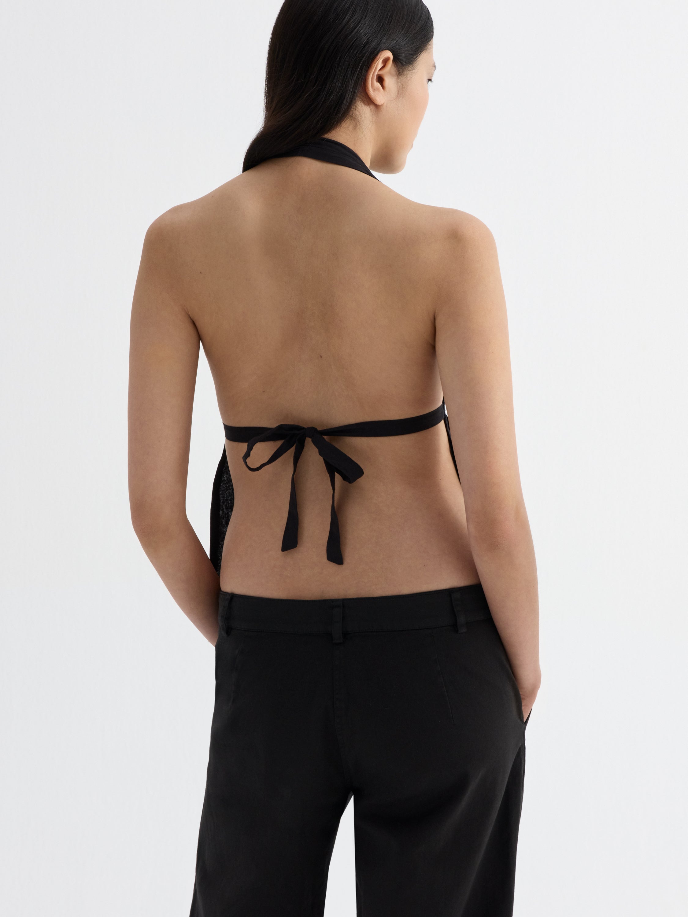 Women's Black Halter Top Lace Ruched Open Back | Gimaguas