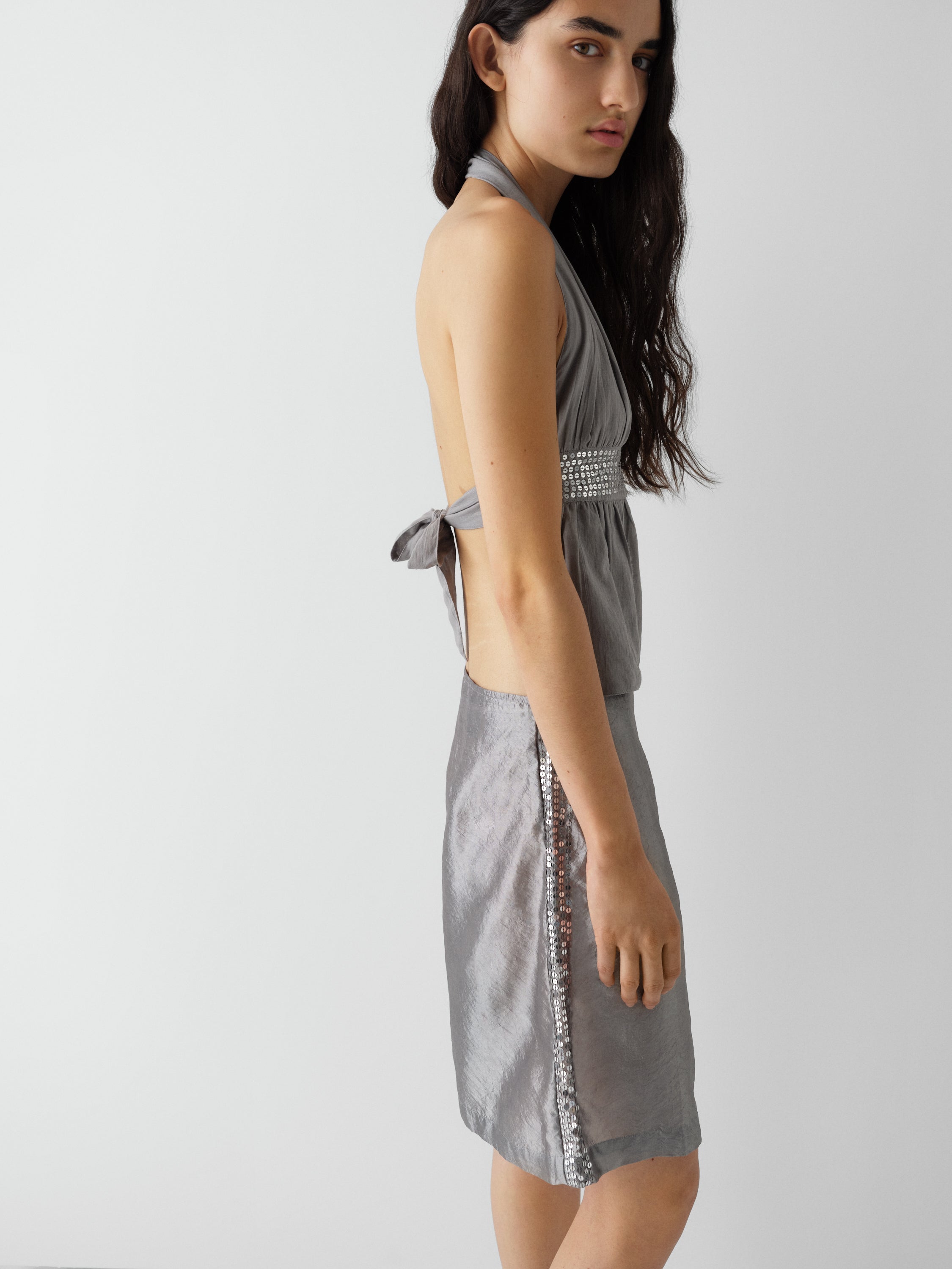 Grey Cotton Halter Top with Sequin Strap | Gimaguas
