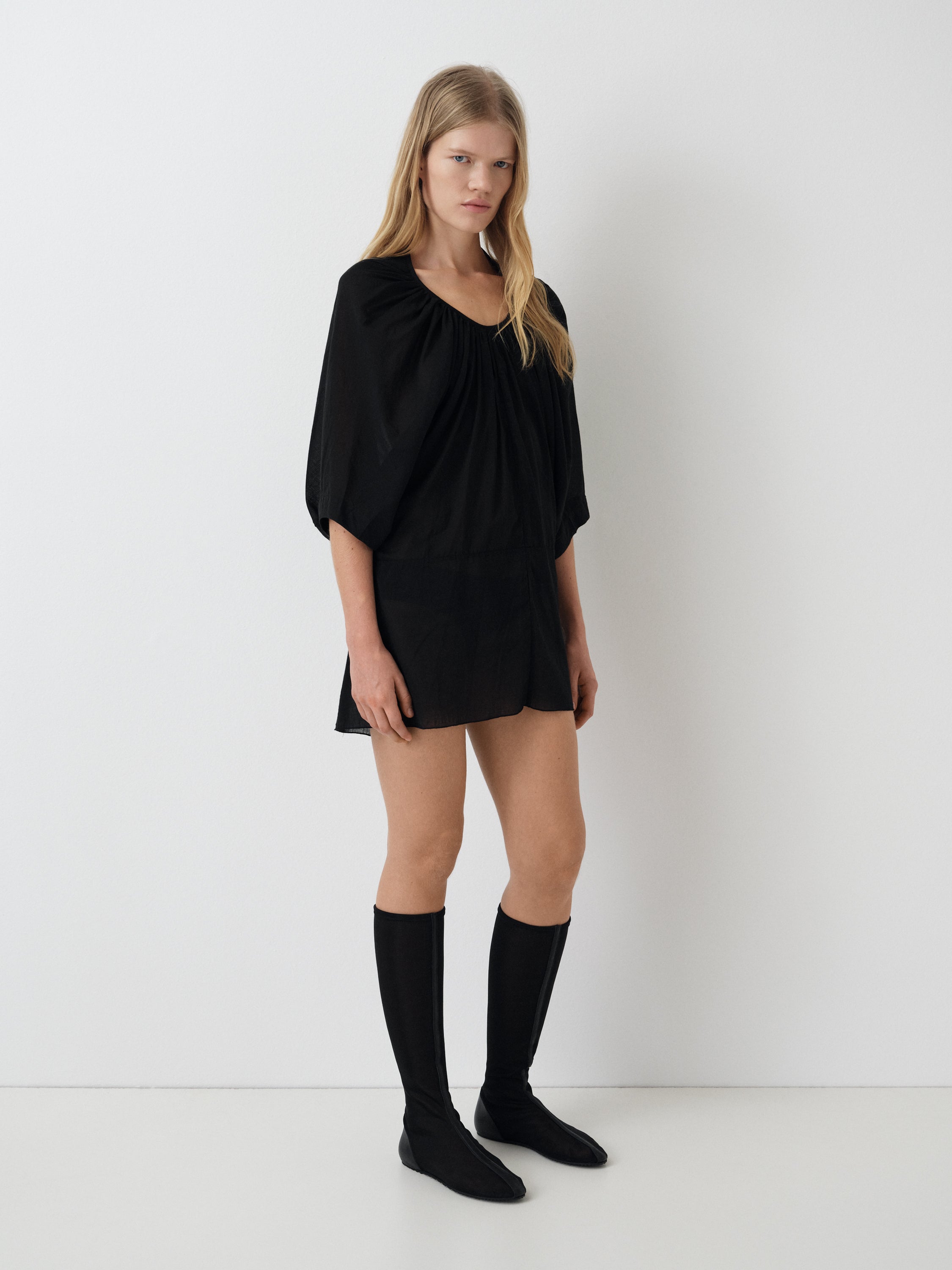 Black Semi-Sheer Mini Dress - Gathered Neckline | Gimaguas