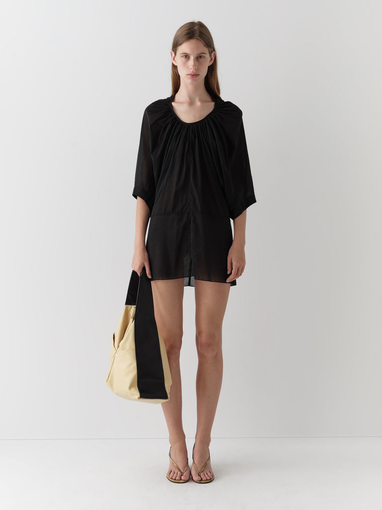 sheer mini dress black Black Semi-Sheer Mini Dress - Gathered Neckline