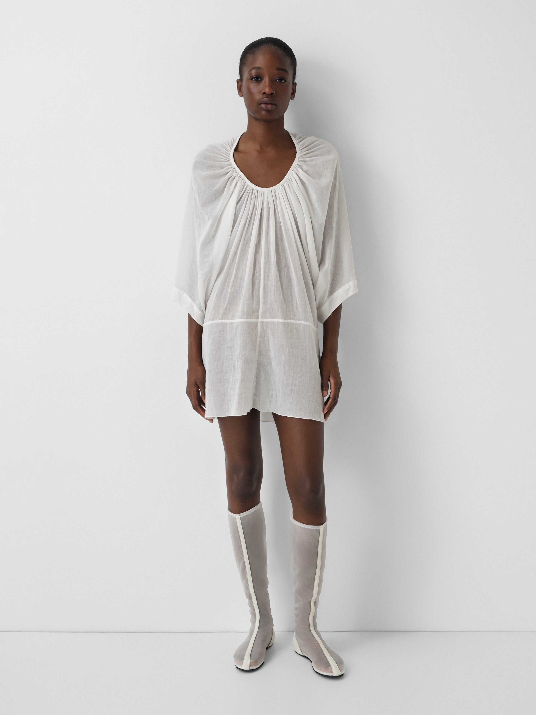White Semi-Sheer Mini Dress - Gathered Neckline | Gimaguas