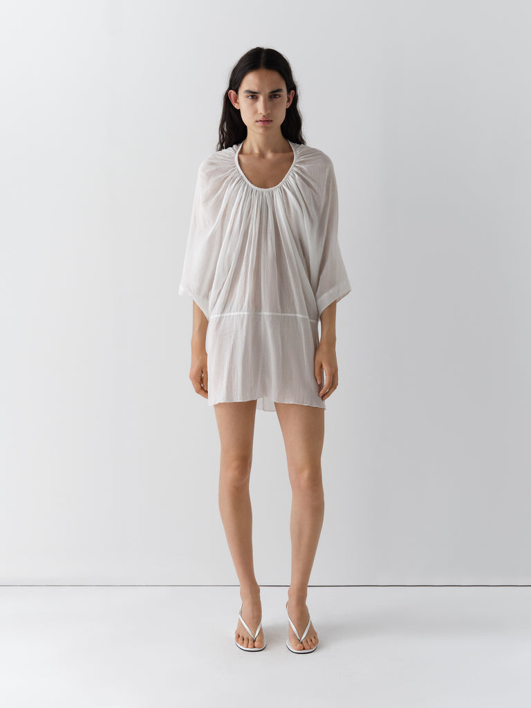 White Semi-Sheer Mini Dress - Gathered Neckline White Semi-Sheer Mini Dress - Gathered Neckline