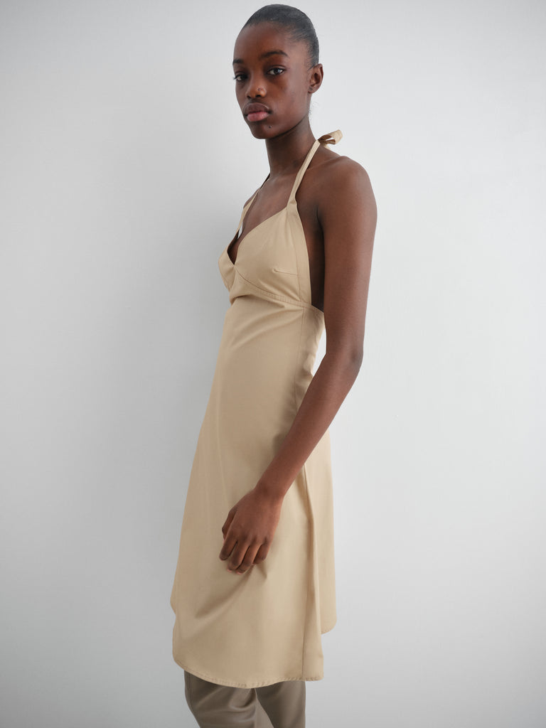 Beige cotton midi dress for women with open back Gimaguas Beige cotton midi dress for women with open back Gimaguas
