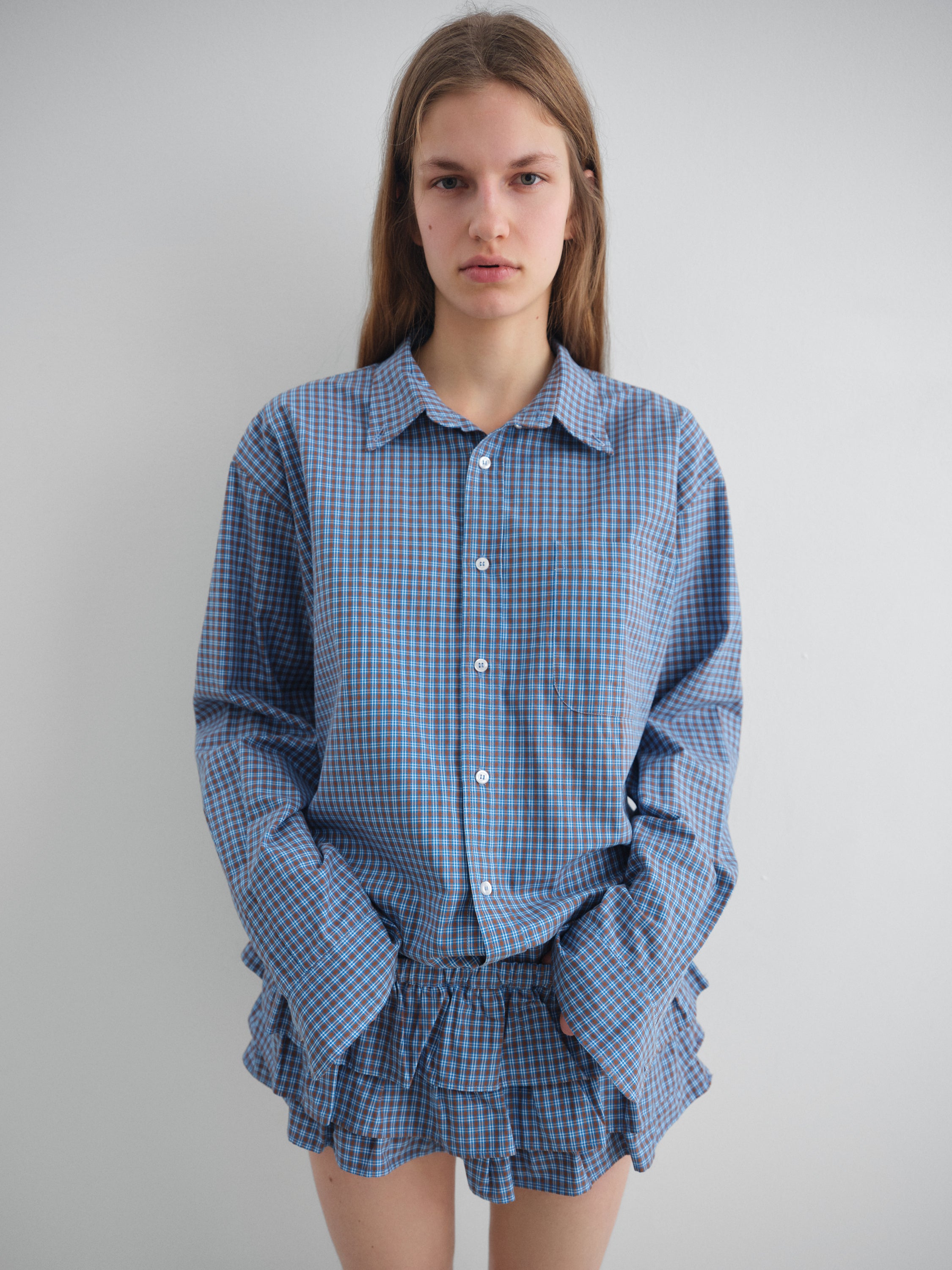 Blue checkered shirt with front pocket and relaxed fit – Gimaguas