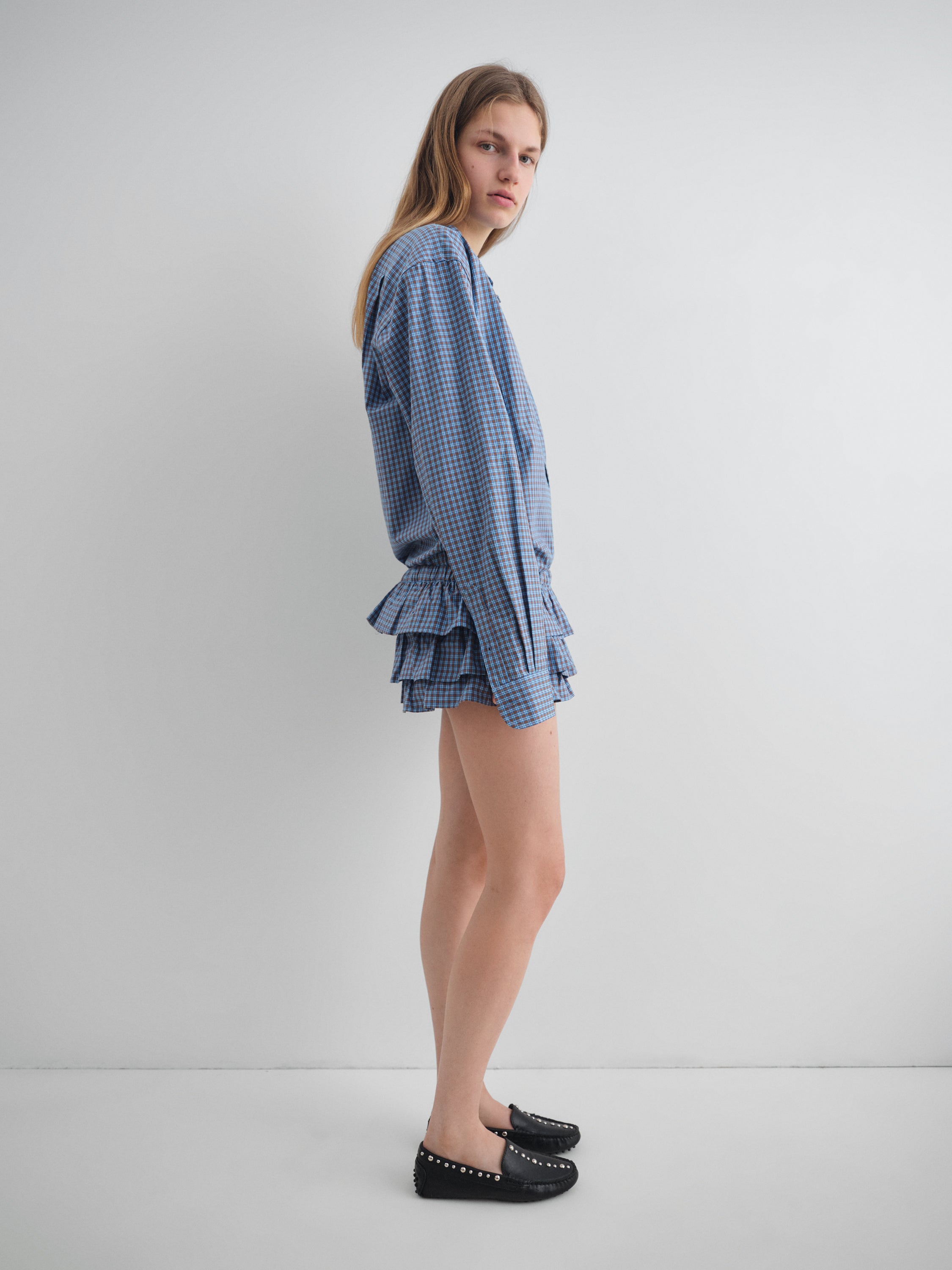 Blue checkered shirt with front pocket and relaxed fit – Gimaguas