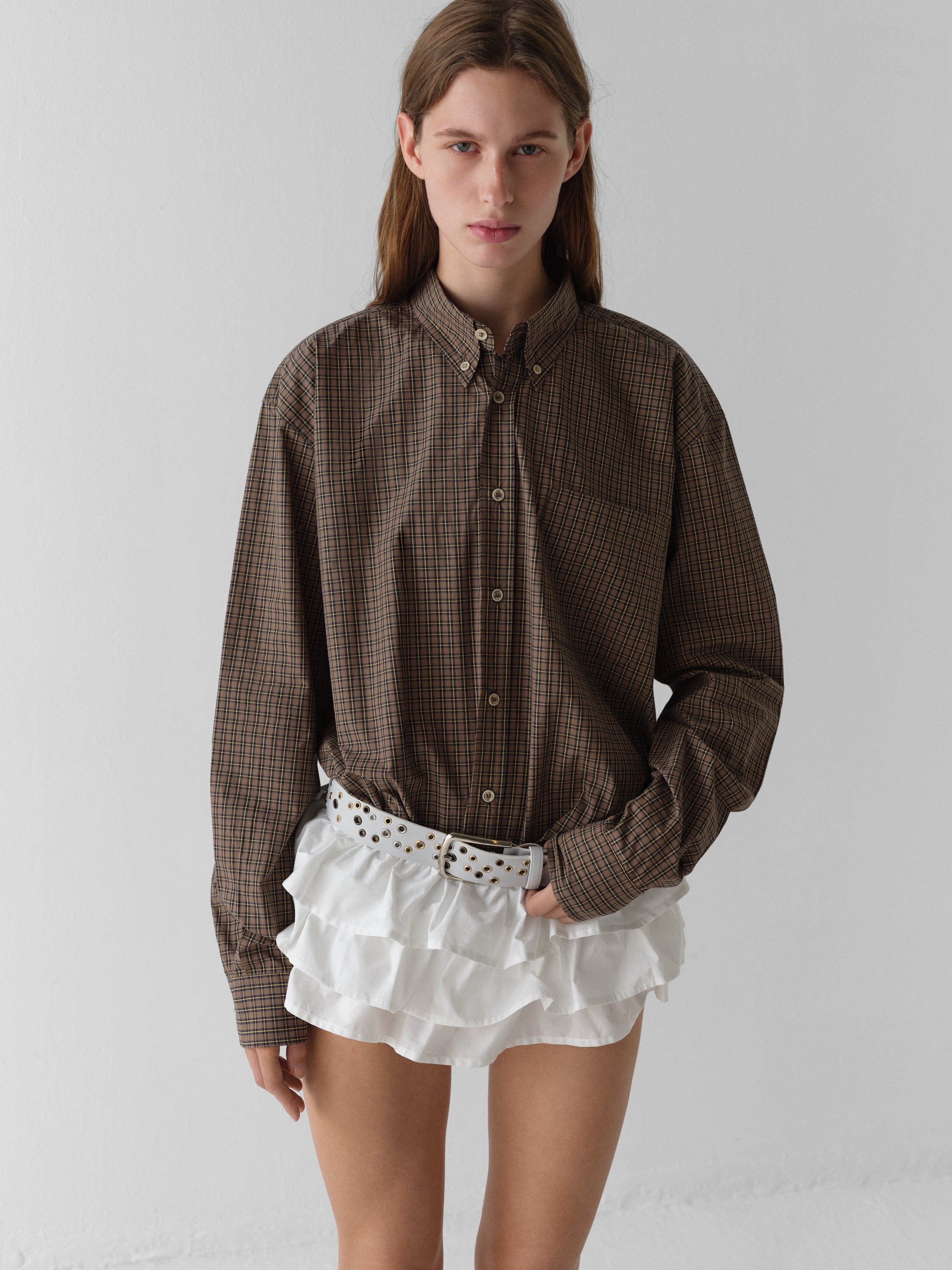 Brown checkered button-up shirt with classic collar – Gimaguas