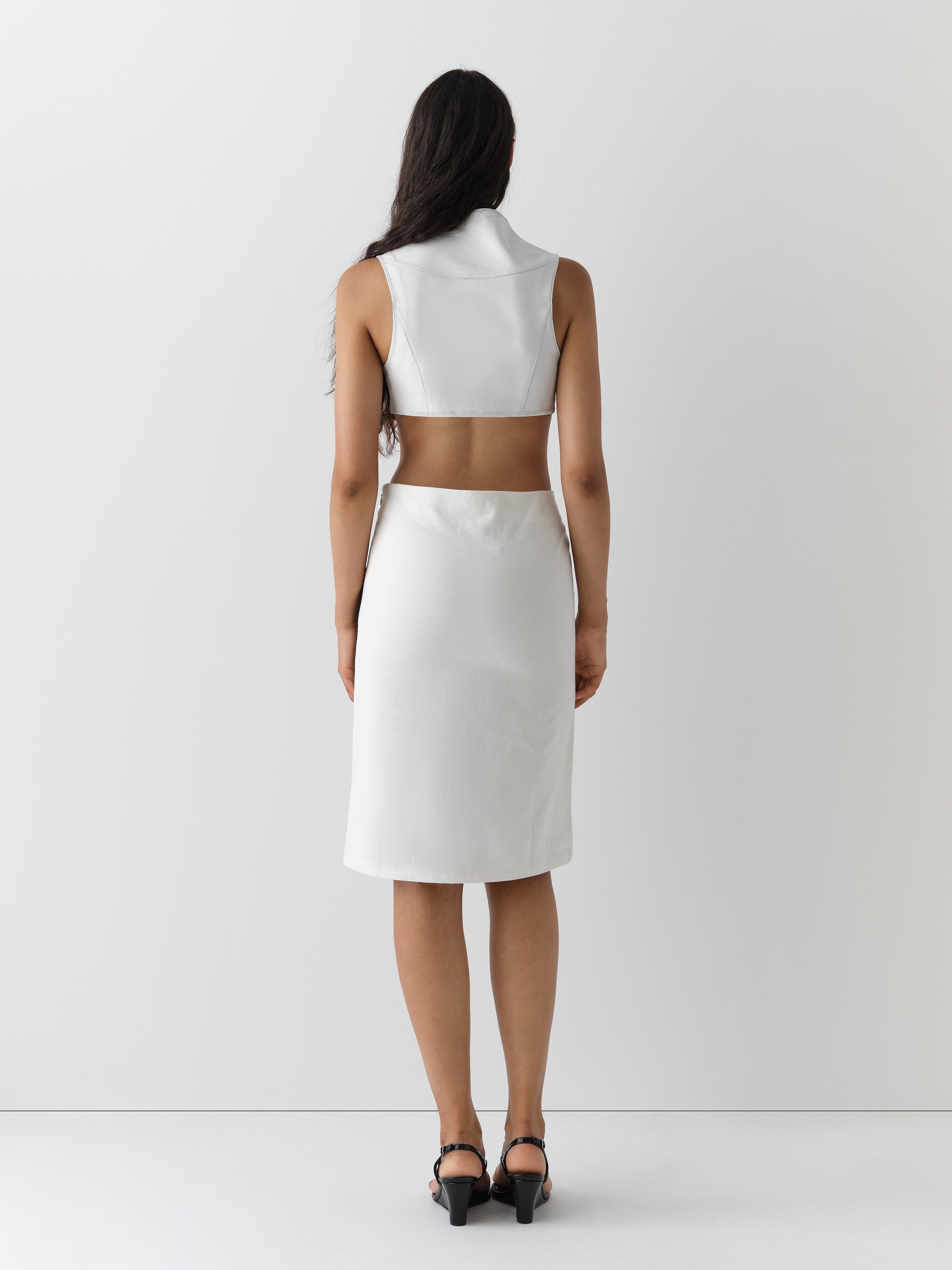 White leather cropped top for women with sculptural neckline