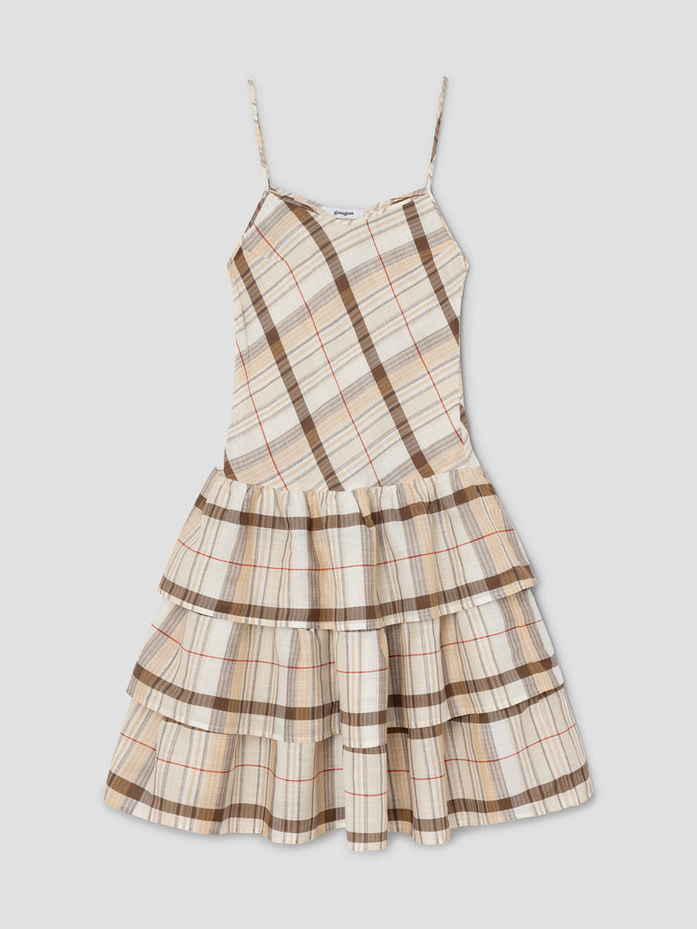 Beige checkered midi dress for women with tiered ruffled skirt Gimaguas Beige checkered midi dress for women with tiered ruffled skirt Gimaguas