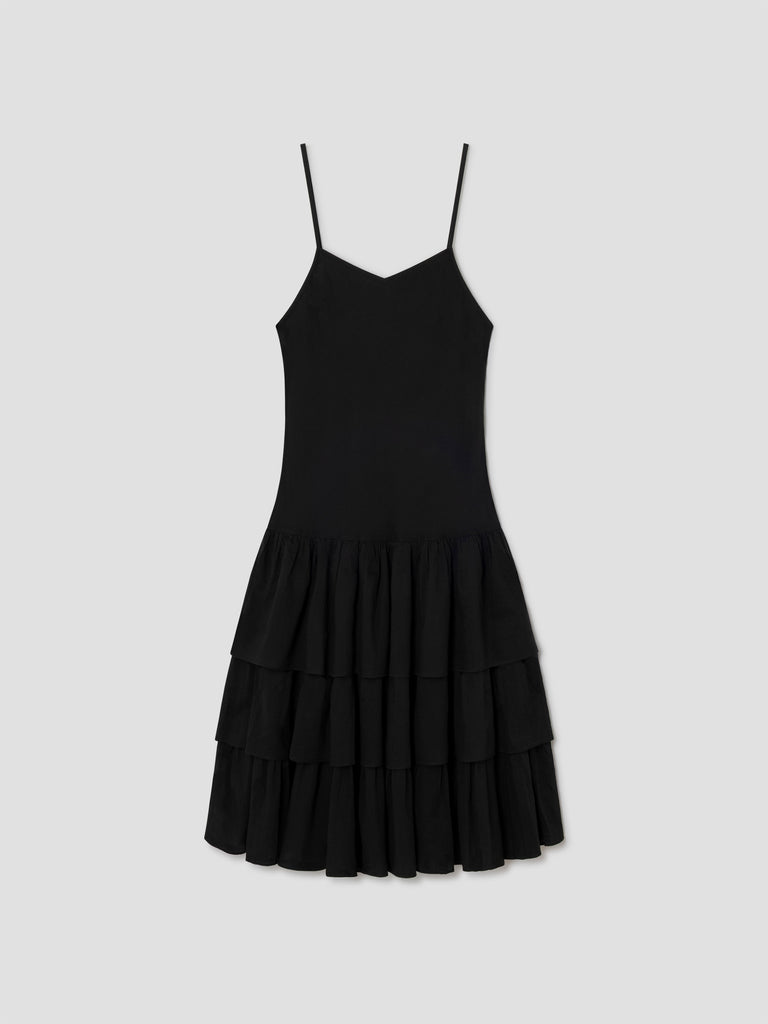Black Cotton Midi Dress with Tiered Skirt Black Cotton Midi Dress with Tiered Skirt
