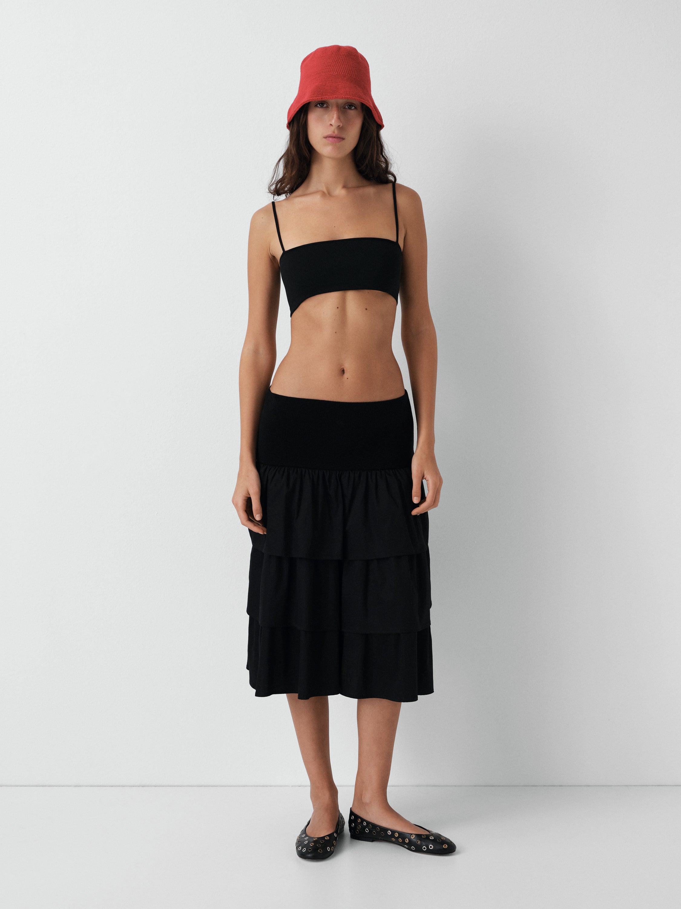 Black low-rise midi skirt with wide waistband - Gimaguas