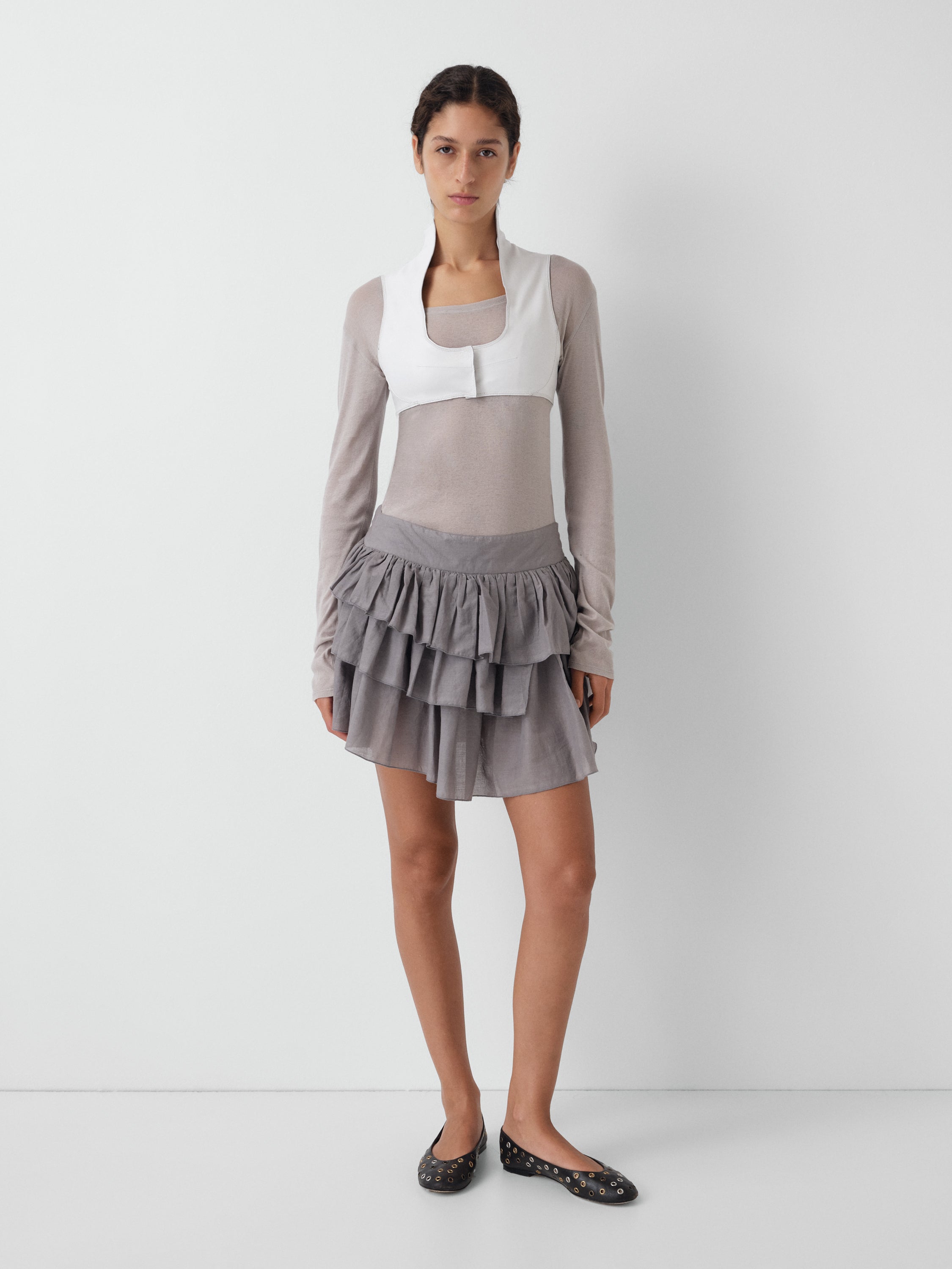 White leather cropped top for women with sculptural neckline