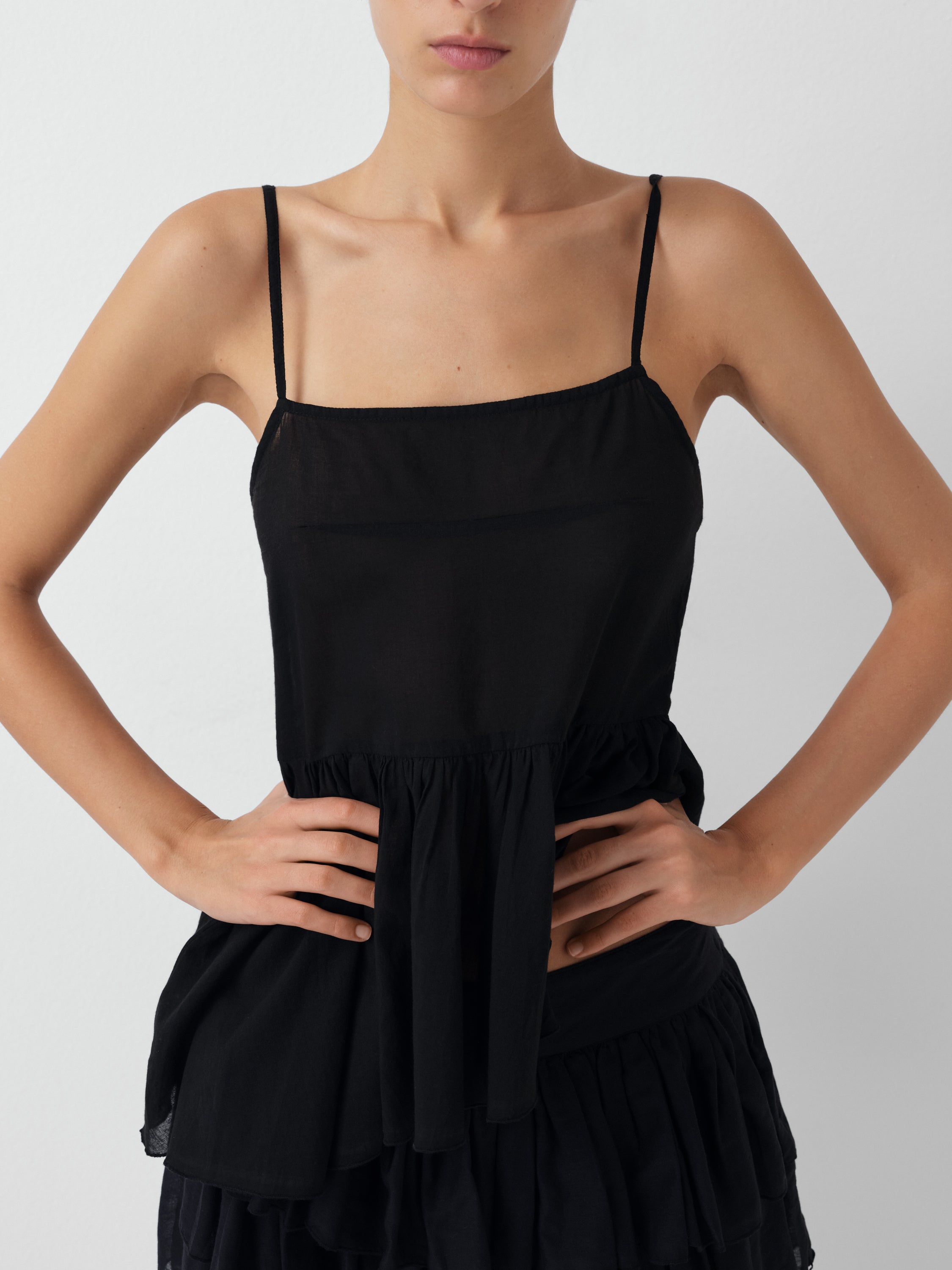 Black Cotton Top with Asymmetric Ruffle Hem | Gimaguas