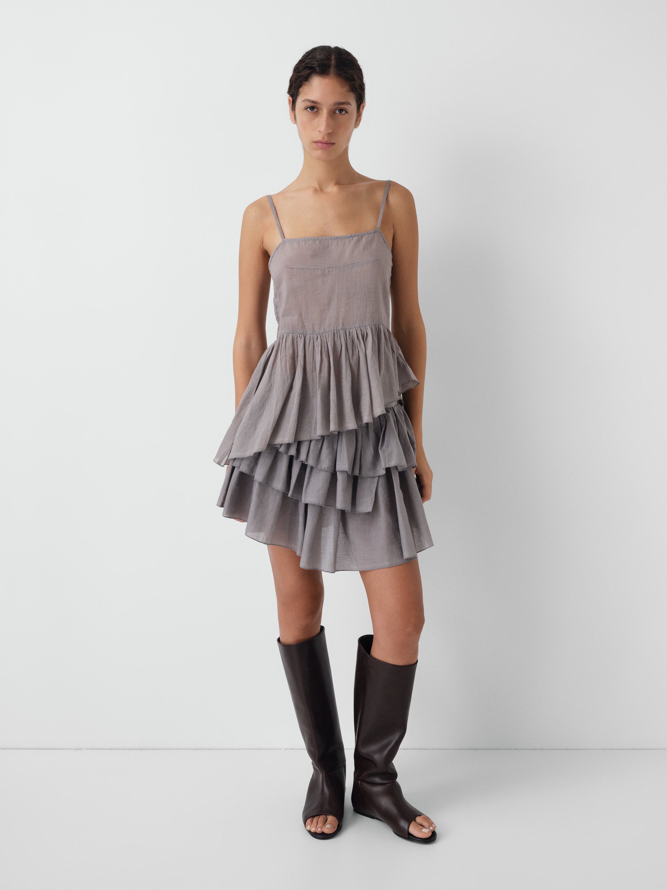Grey Cotton Top with Asymmetric Ruffle Hem | Gimaguas