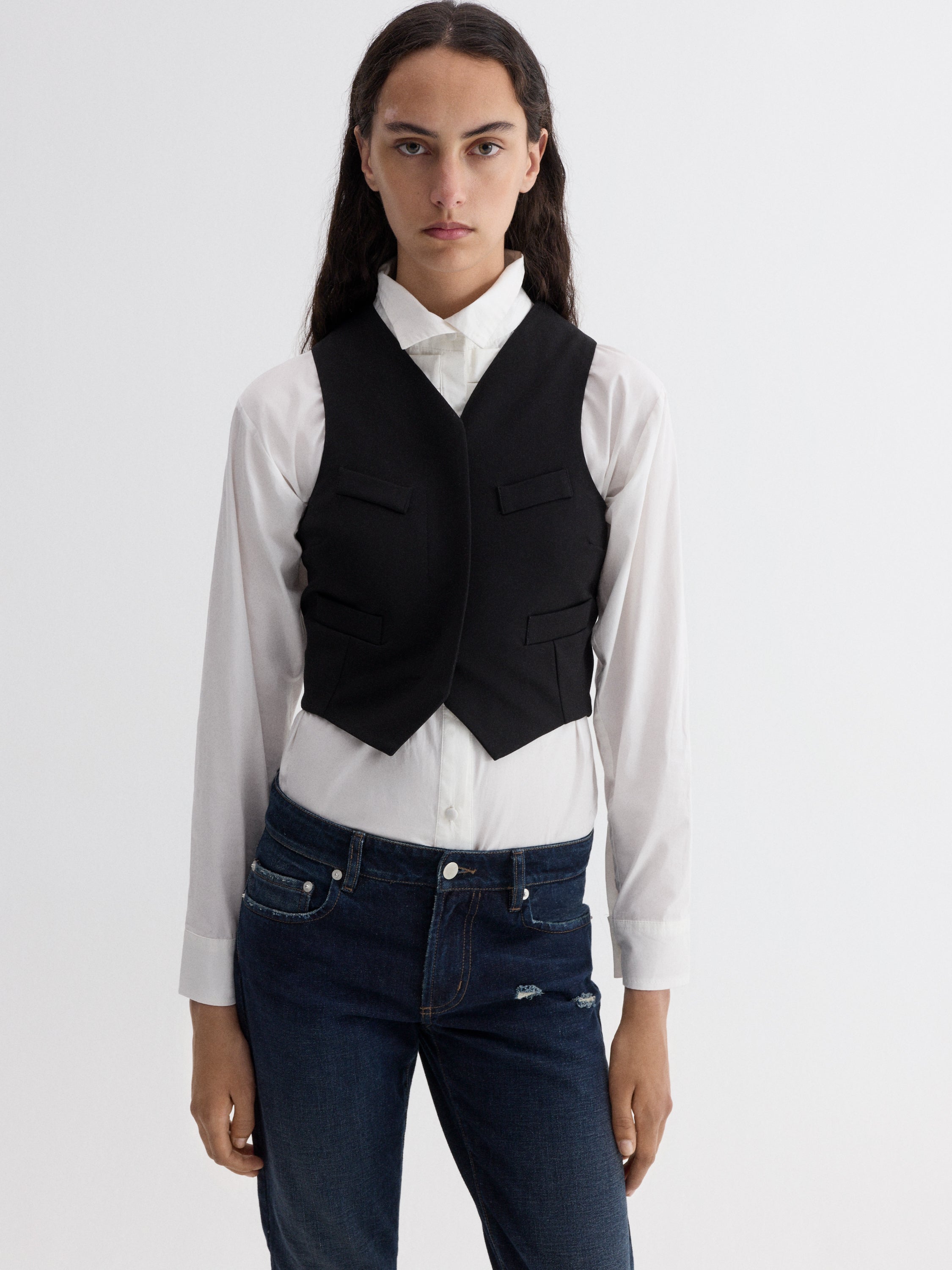 Black Cropped Tailored Gilet with V-Neckline | Gimaguas