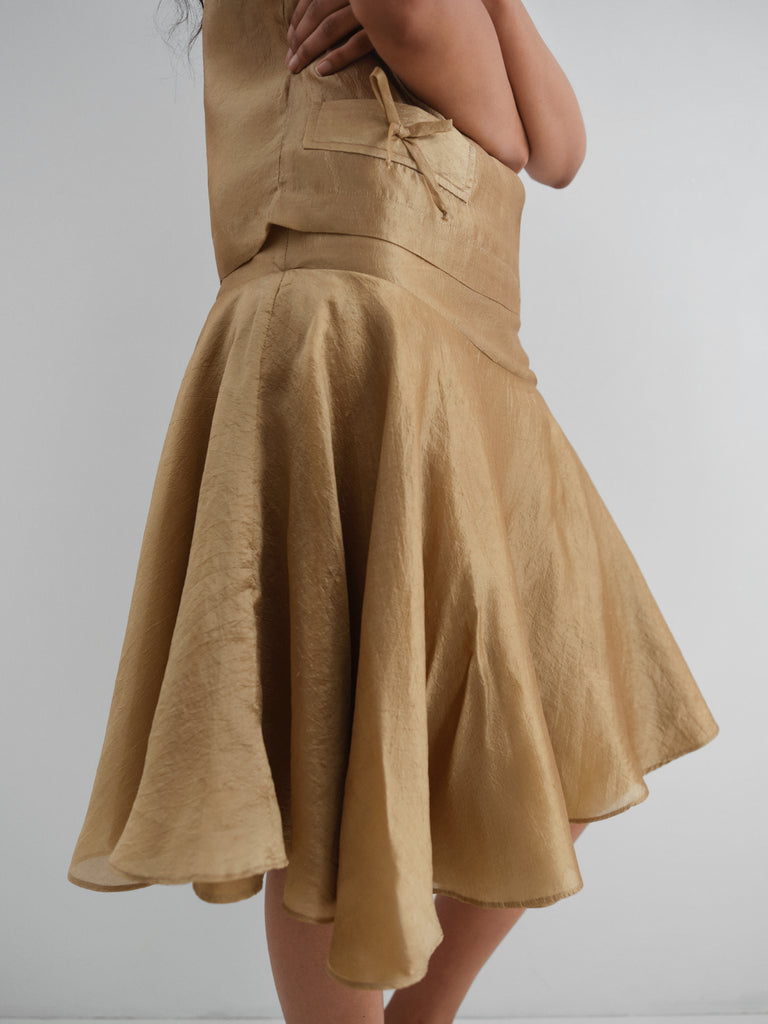 Golden silk midi skirt for women with corset-tie back Gimaguas Golden silk midi skirt for women with corset-tie back Gimaguas