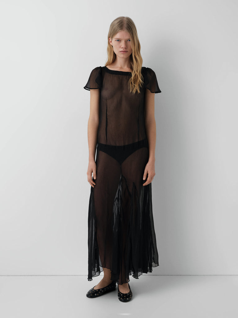 Black sheer panel maxi dress for women with flutter sleeves – Gimaguas