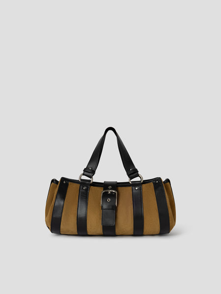 Women's brown suede shoulder bag with black leather straps – Gimaguas