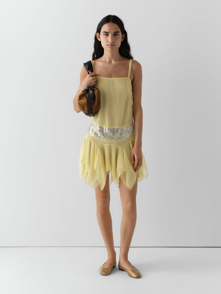 Yellow Sequin Mini Dress - Asymmetrical Hem