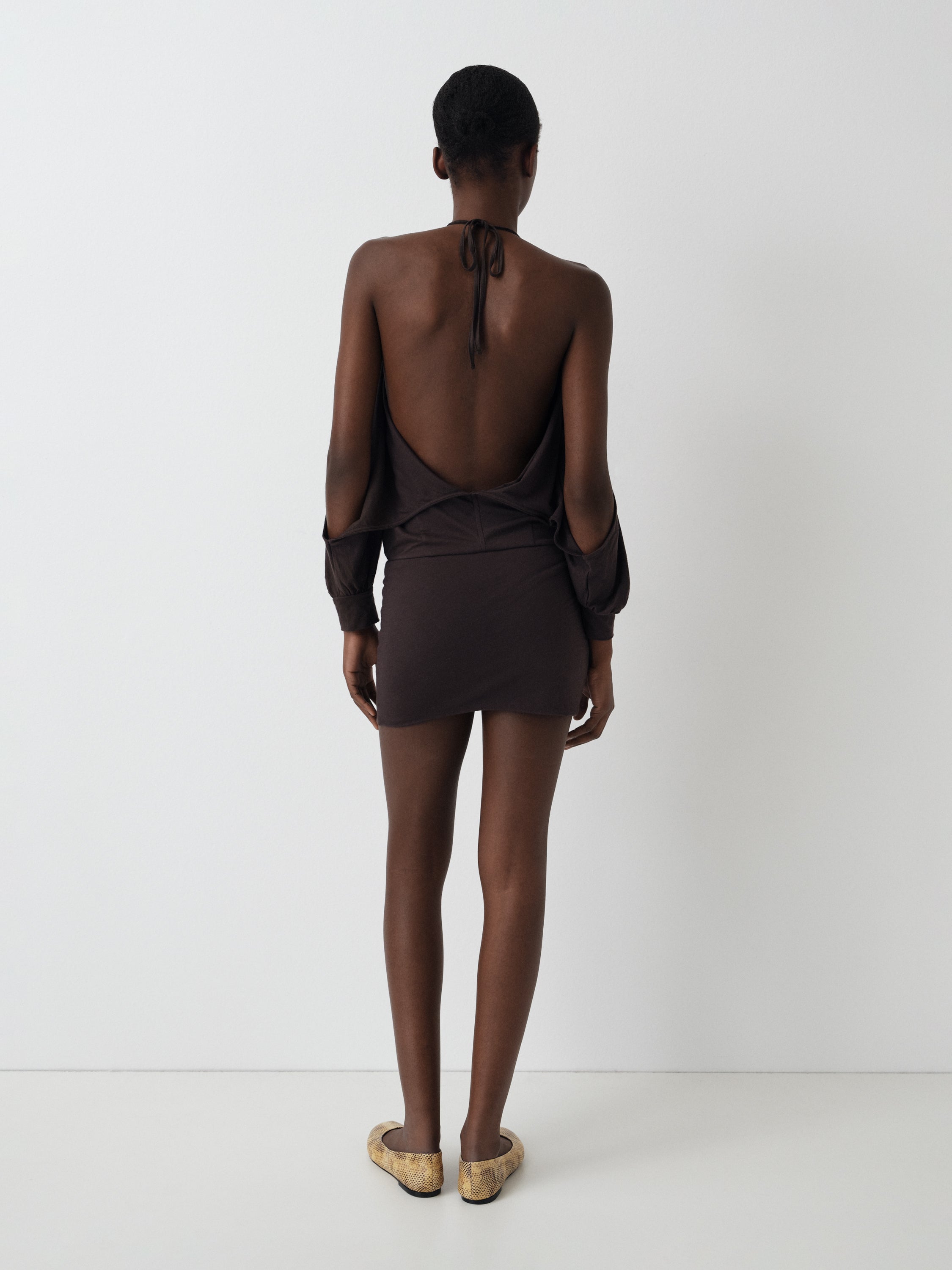 Women's Brown Halter Mini Dress Draped. Gimaguas