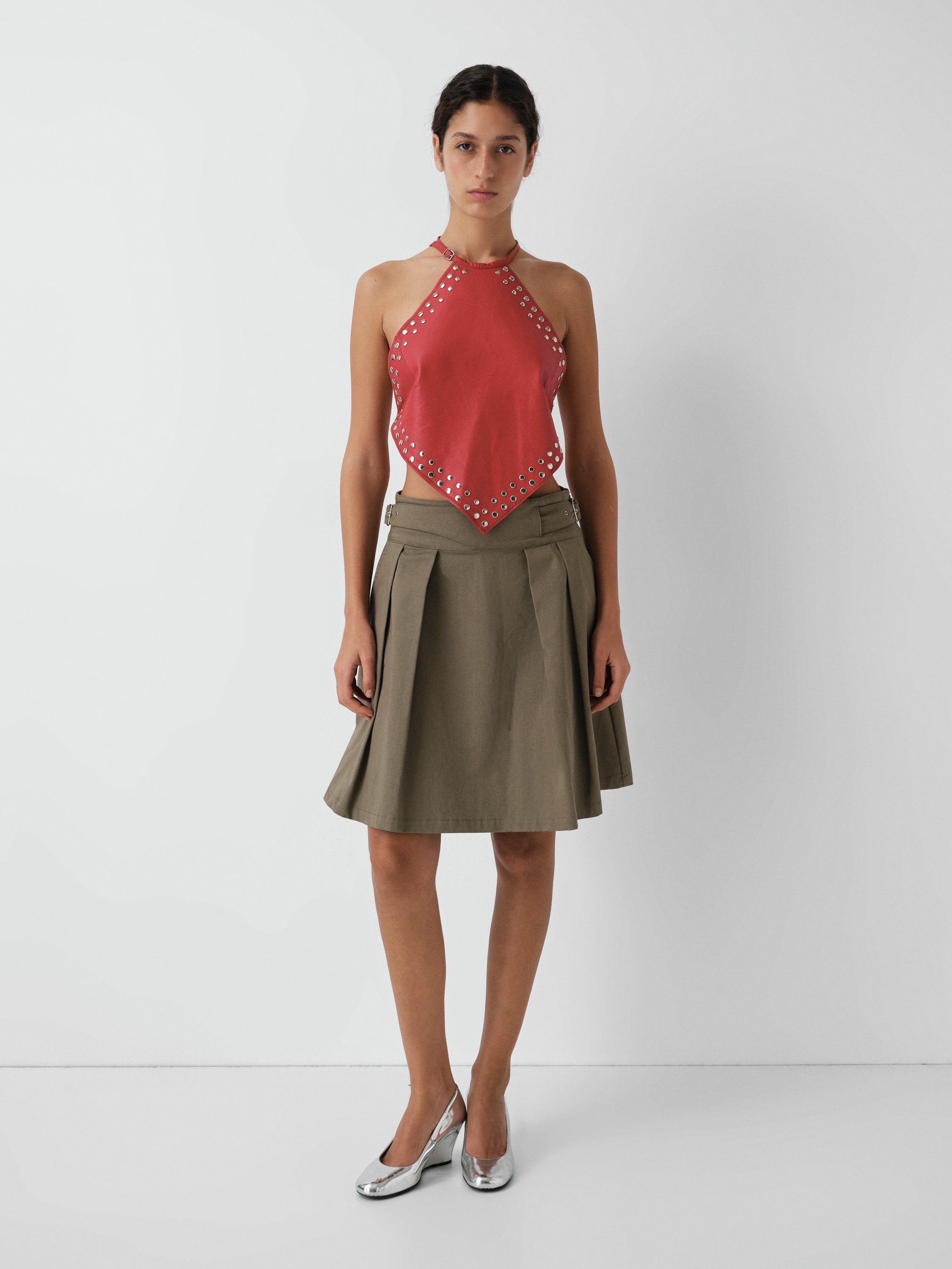 レディースウェア #THUNDER STRIPES W-P SKIRT - KHAKI Light khaki A-line midi skirt with silver belt detail - Gimaguas