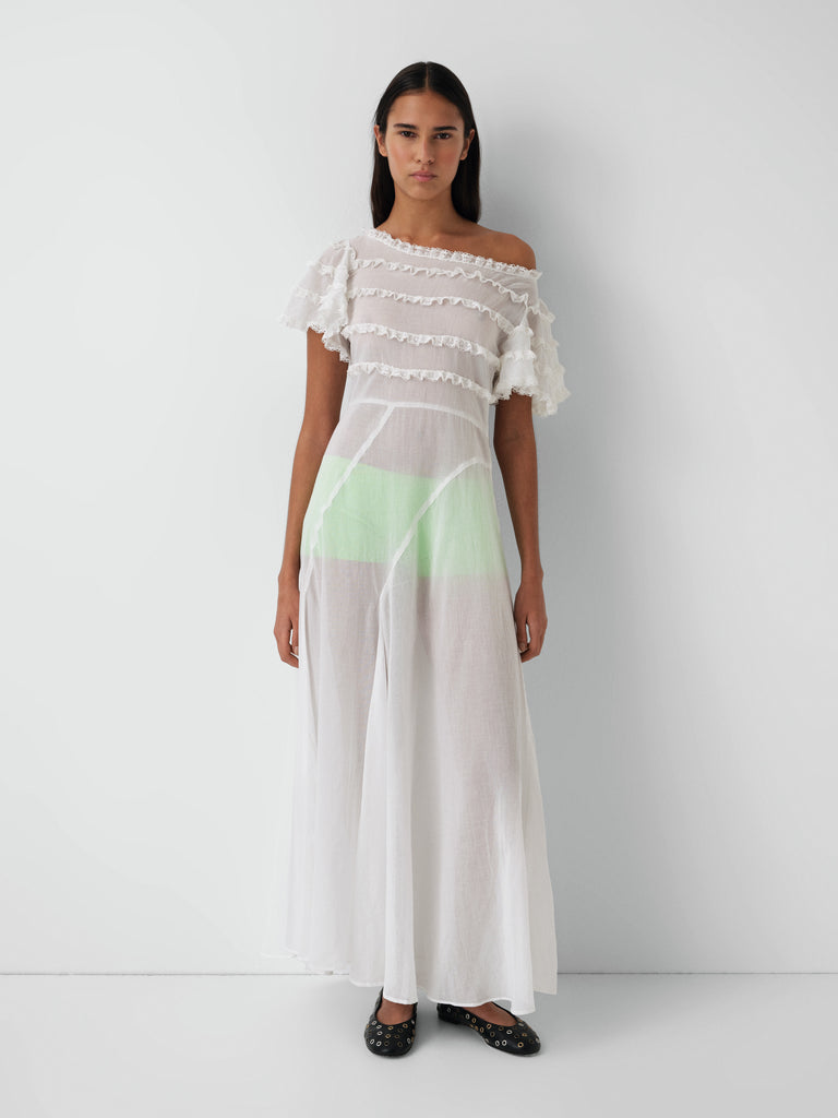 Women's White Maxi Dress Ruffle Semi-Sheer | Gimaguas
