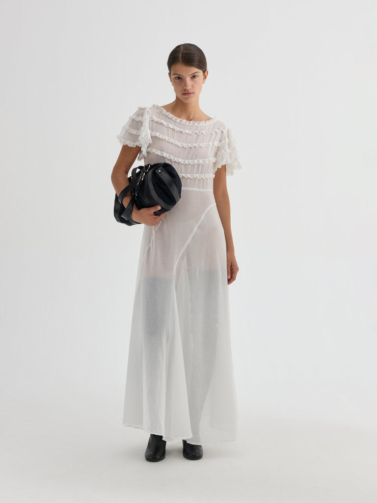 Women's White Maxi Dress Ruffle Semi-Sheer | Gimaguas Women's White Maxi Dress Ruffle Semi-Sheer | Gimaguas