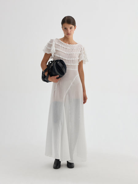 Women's White Maxi Dress Ruffle Semi-Sheer | Gimaguas