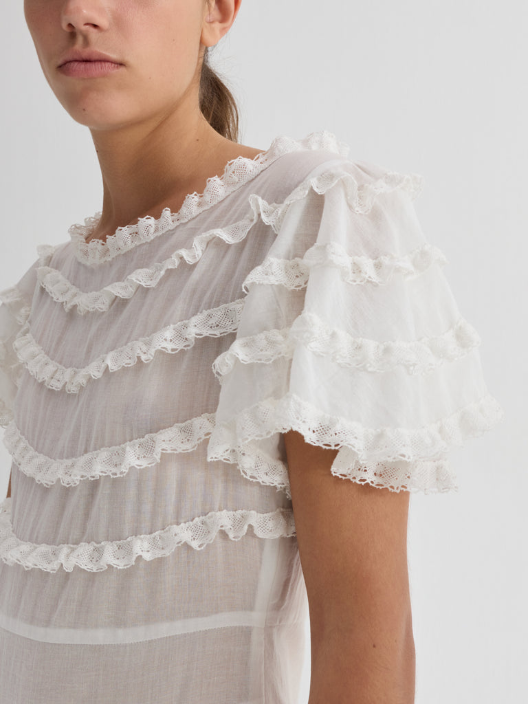 Women's White Maxi Dress Ruffle Semi-Sheer | Gimaguas Women's White Maxi Dress Ruffle Semi-Sheer | Gimaguas