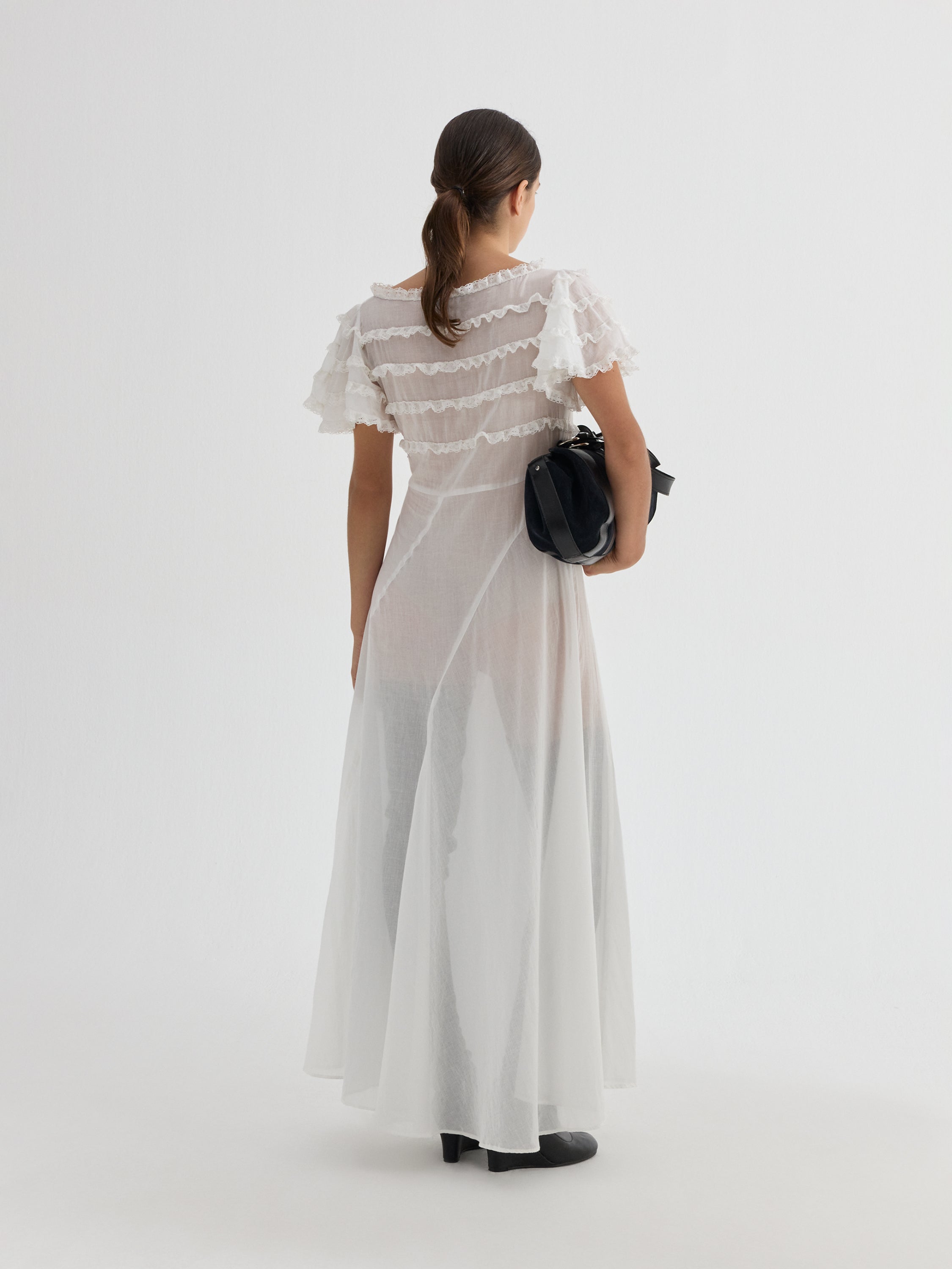 Women's White Maxi Dress Ruffle Semi-Sheer | Gimaguas