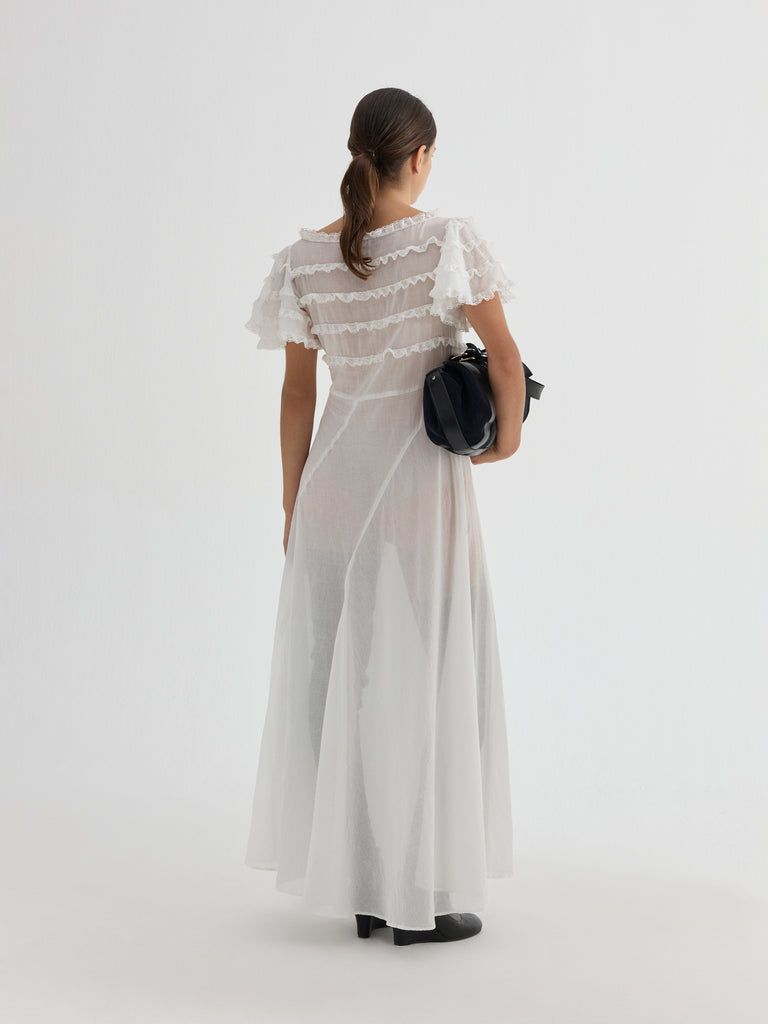 Women's White Maxi Dress Ruffle Semi-Sheer | Gimaguas Women's White Maxi Dress Ruffle Semi-Sheer | Gimaguas