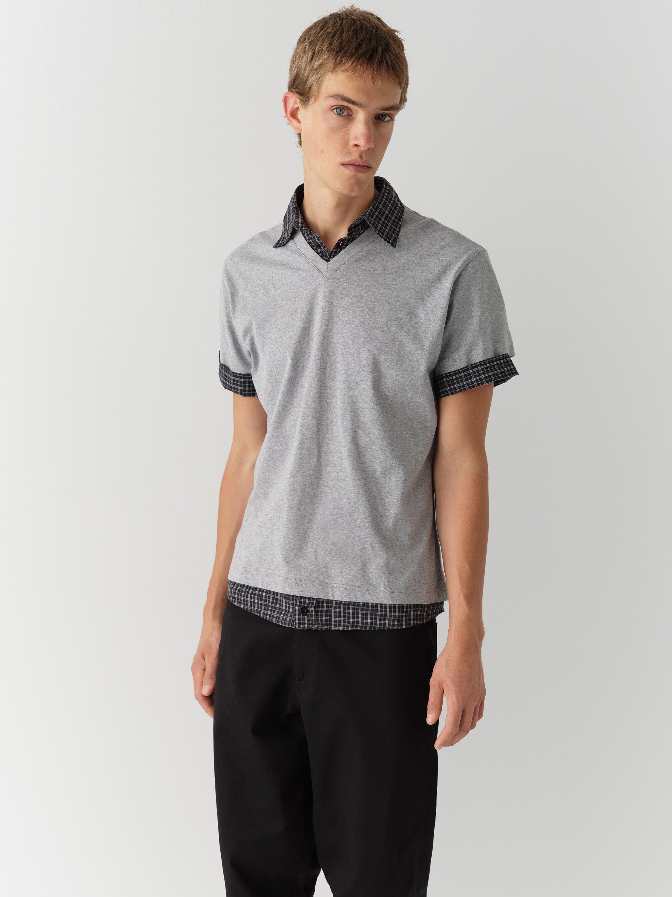 Grey Oversized Polo T-Shirt with Check Detail. Unisex – Gimaguas