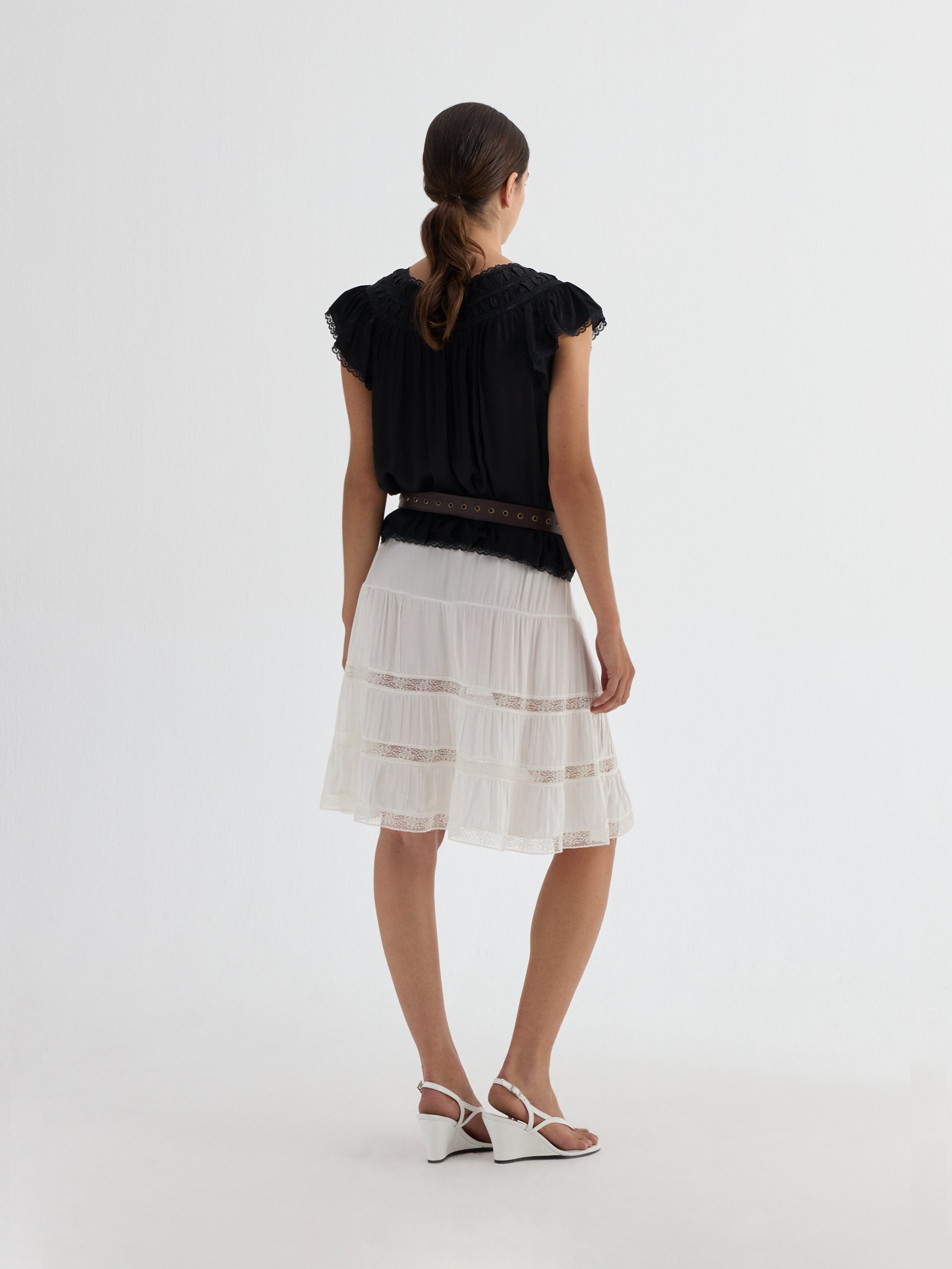 Women's Black Viscose Top Lace Trim Short Sleeve | Gimaguas