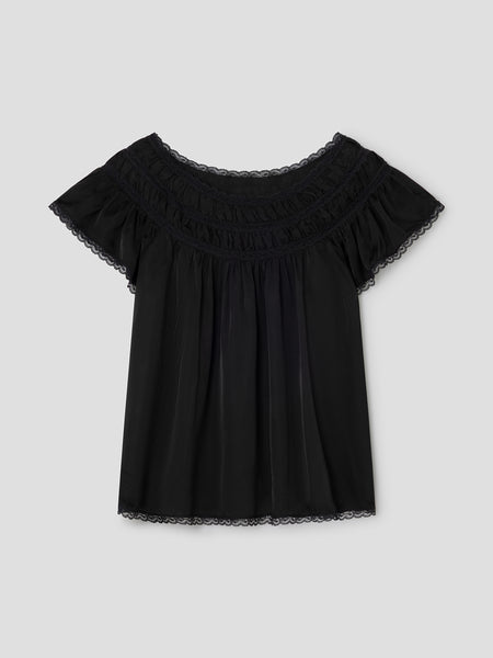 Women's Black Viscose Top Lace Trim Short Sleeve | Gimaguas
