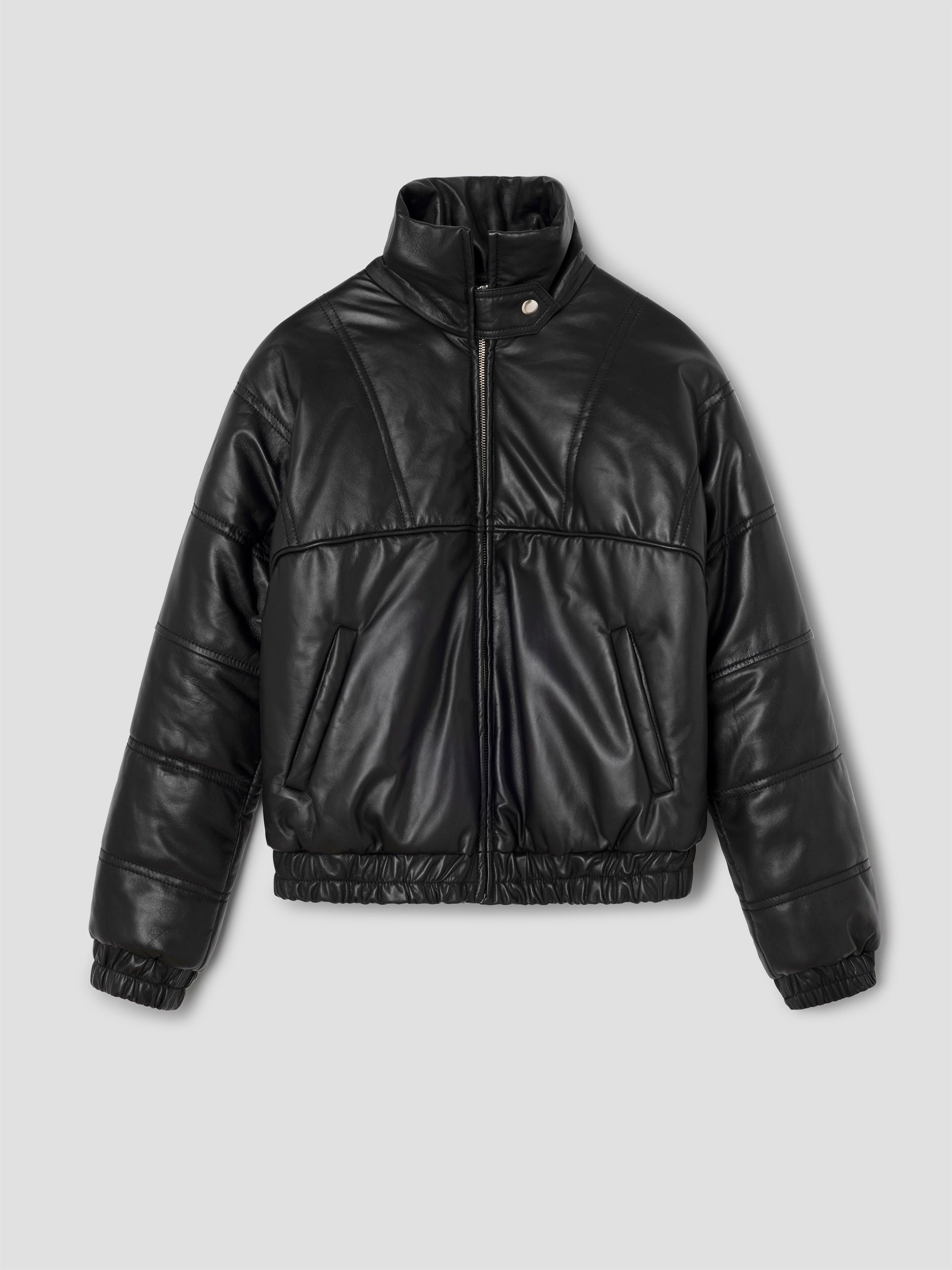 Women's black leather puffer jacket with asymmetric flap – Gimaguas