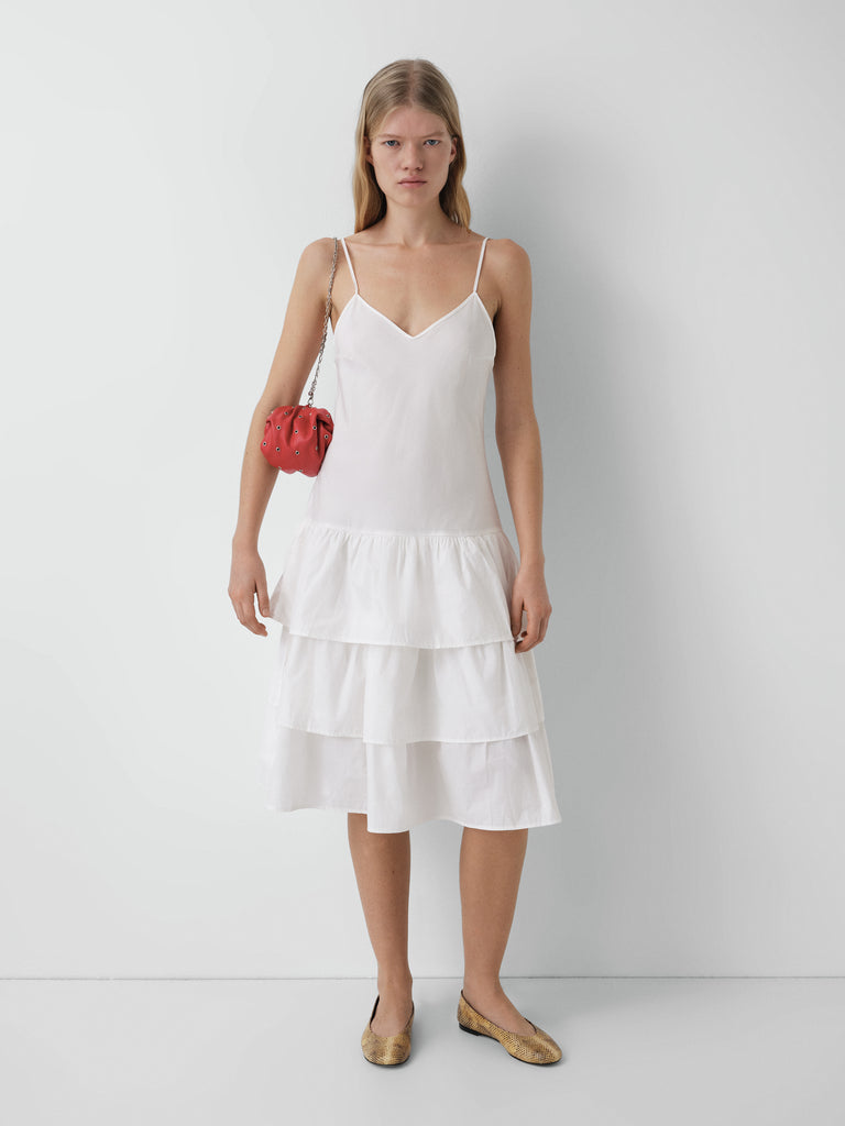 White midi dress for women with fitted top and ruffled skirt Gimaguas White midi dress for women with fitted top and ruffled skirt Gimaguas