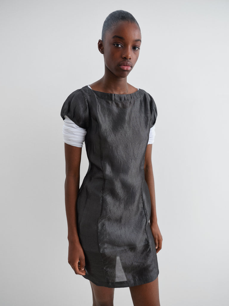 Black crinkled mini dress for women with puff sleeves Gimaguas Black crinkled mini dress for women with puff sleeves Gimaguas