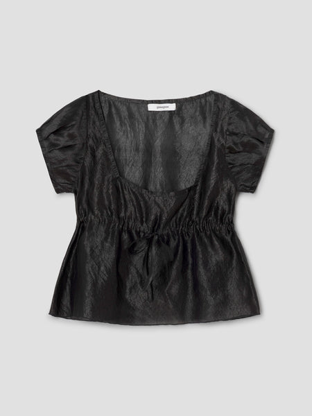 Black silk top for women with square neckline and ruched detail