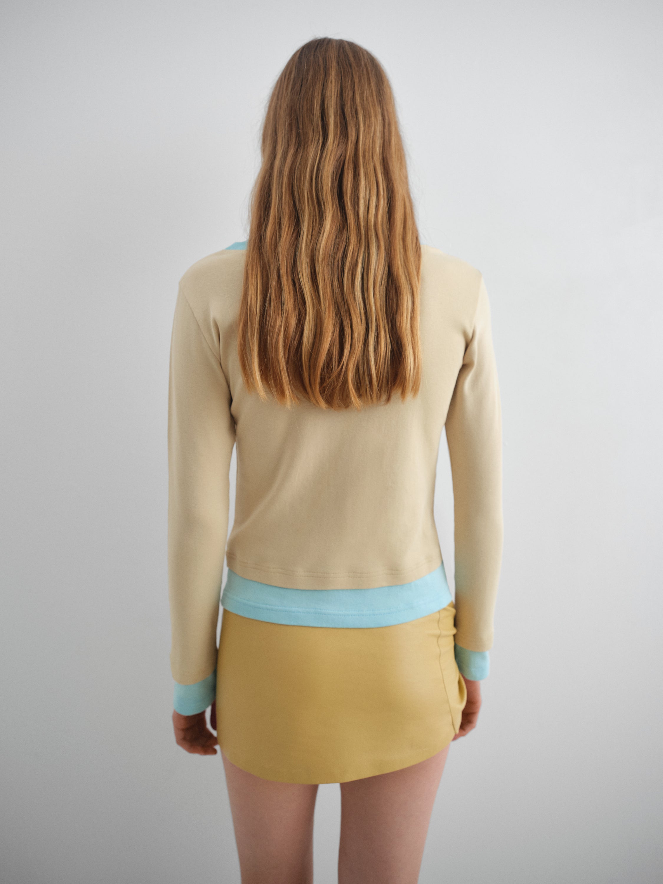 Women's yellow and light blue long-sleeve t-shirt with layered