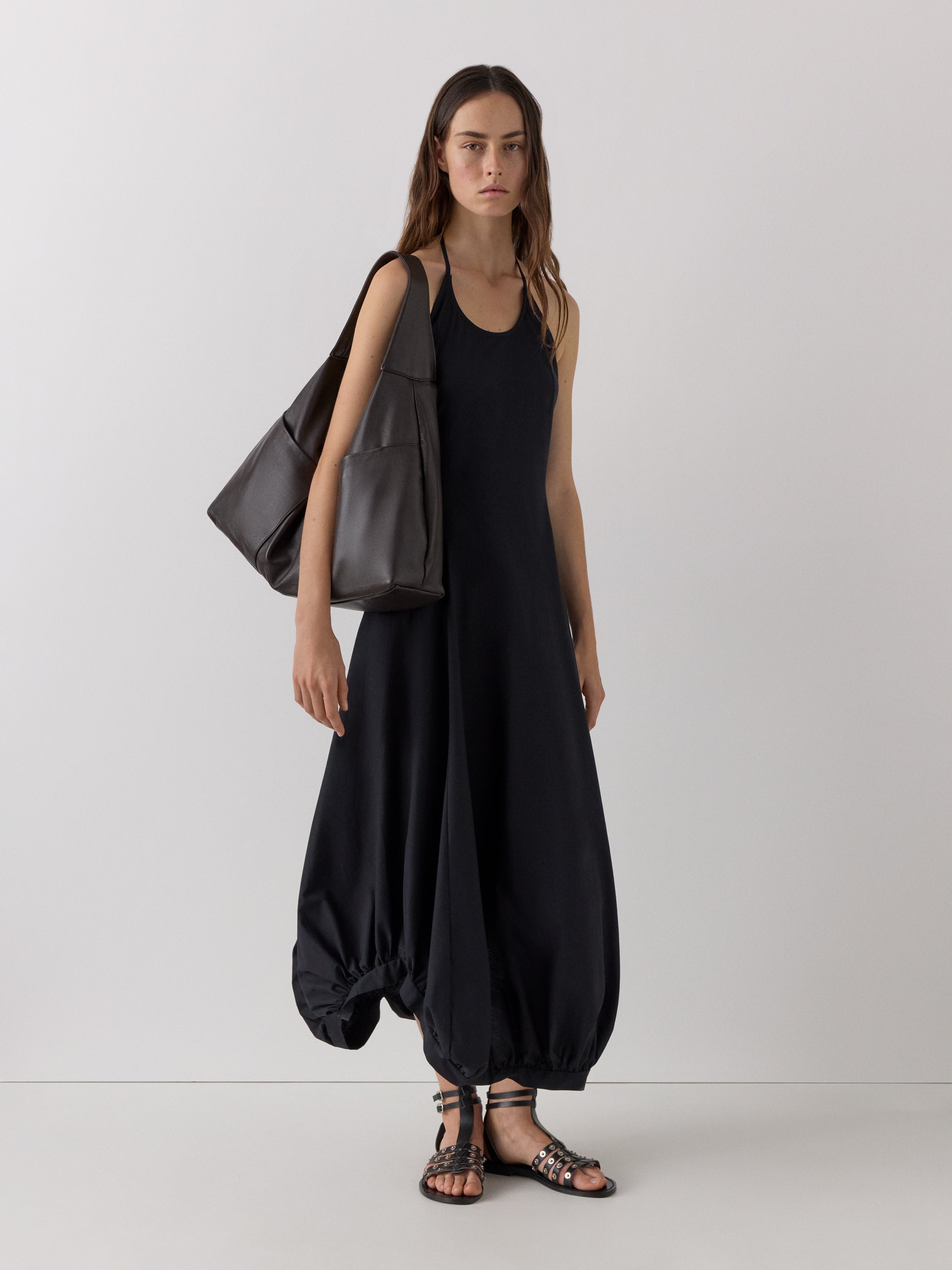 Black Cotton Halter Maxi Dress with Balloon Skirt | Gimaguas